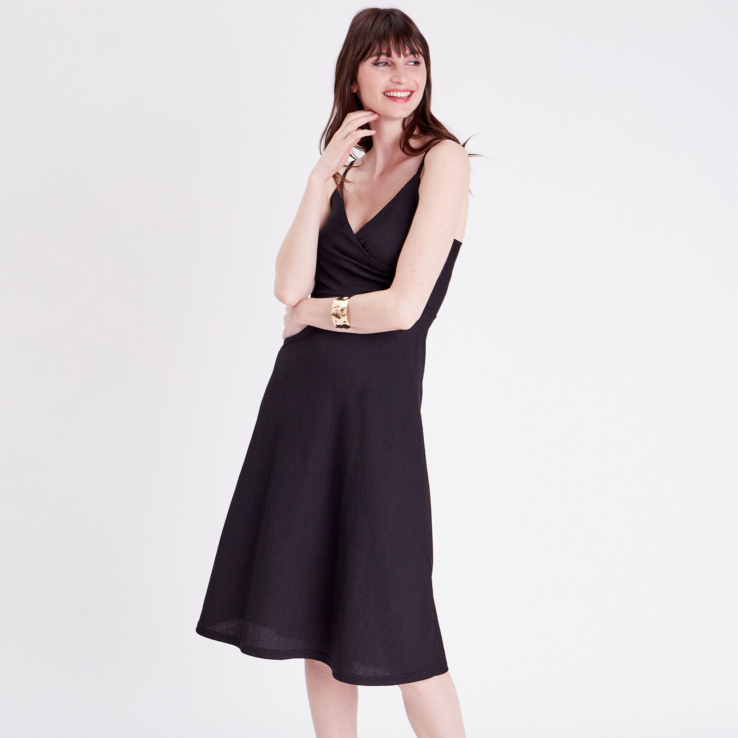 Robe midi évasée bretelles noir femme | Cache Cache