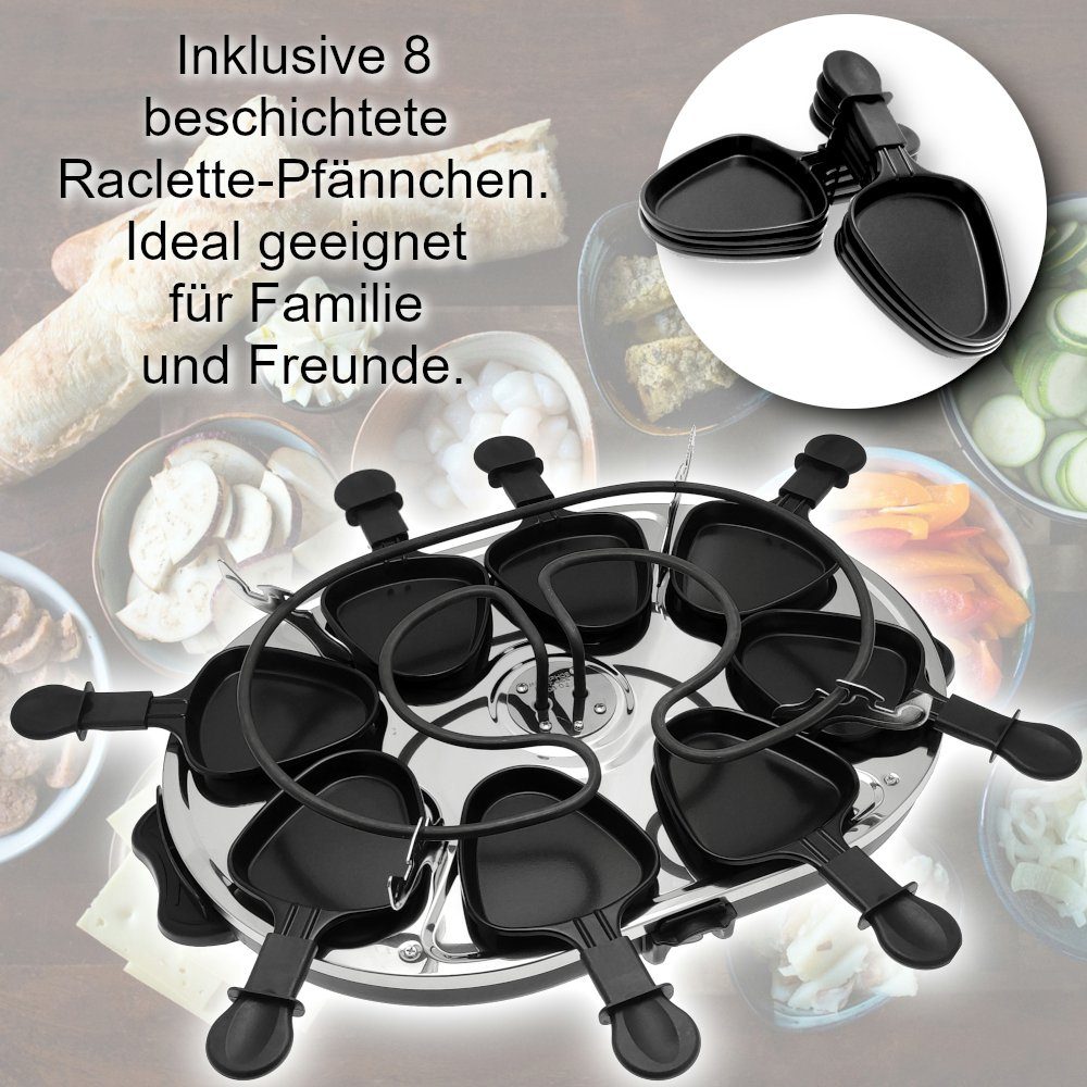 Elfmonkey Raclette Raclette XL - 8 beschichtete Tassen, Tischgrill, 1200 Watt, 8 Raclettepfännchen, 1200,00 W