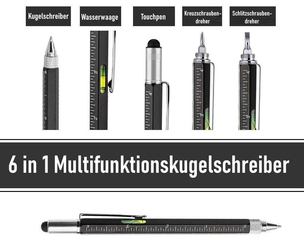 MAVURA Kugelschreiber 6in1 Multifunktionskugelschreiber Multifunktionsstift Stift mit Wasserwaage Lineal Kreuzschraubendreher Schlitzschraubendreher Geschenk Männer Gadget