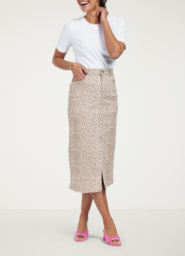 Studio Anneloes Annebella midi denim skirt with leopard print