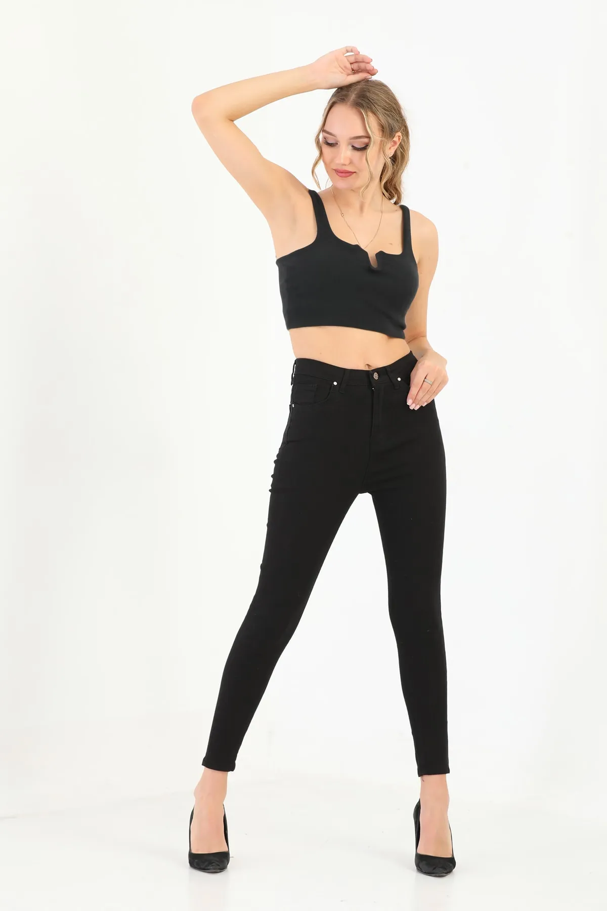 BİKELİFE  Schwarze Damenjeans aus Lycra-Denim mit hoher Taille