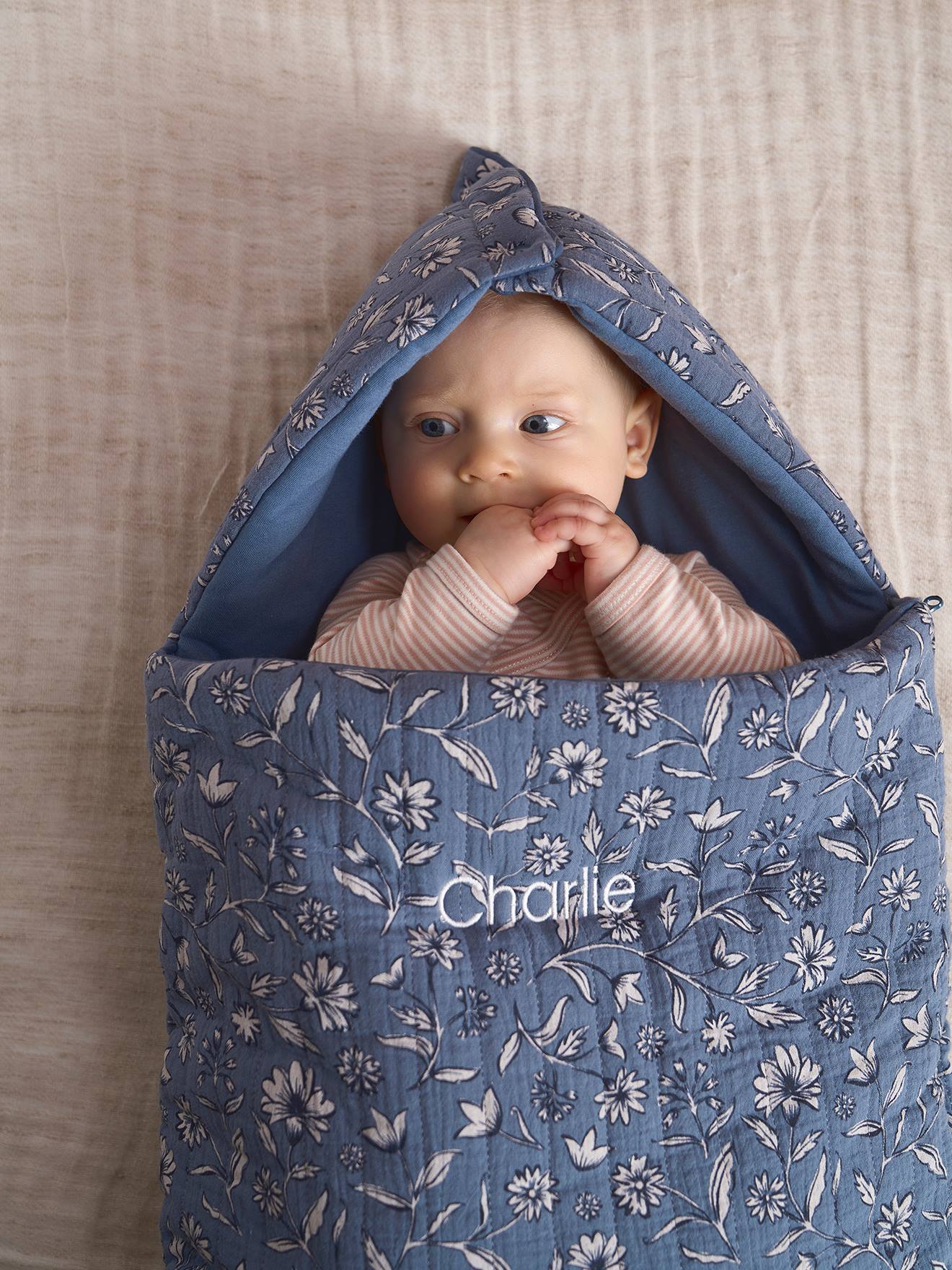 Vertbaudet Baby Ausfahrsack, Musselin Oeko-Tex, personalisierbar - blau indien blume