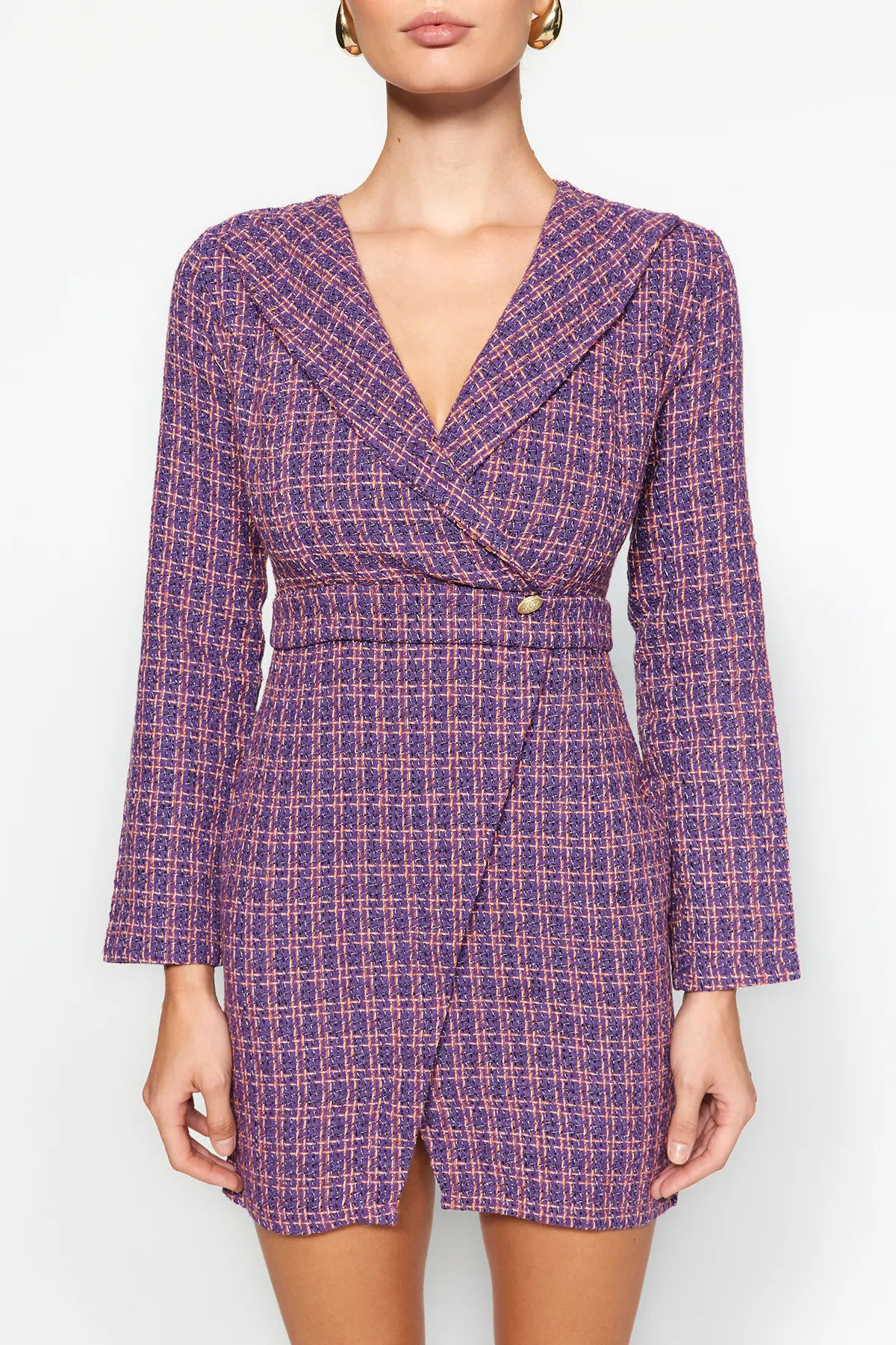 Trendyol Collection  Lilafarbenes zweireihiges Tweed-Webkleid TWOAW24EL00339