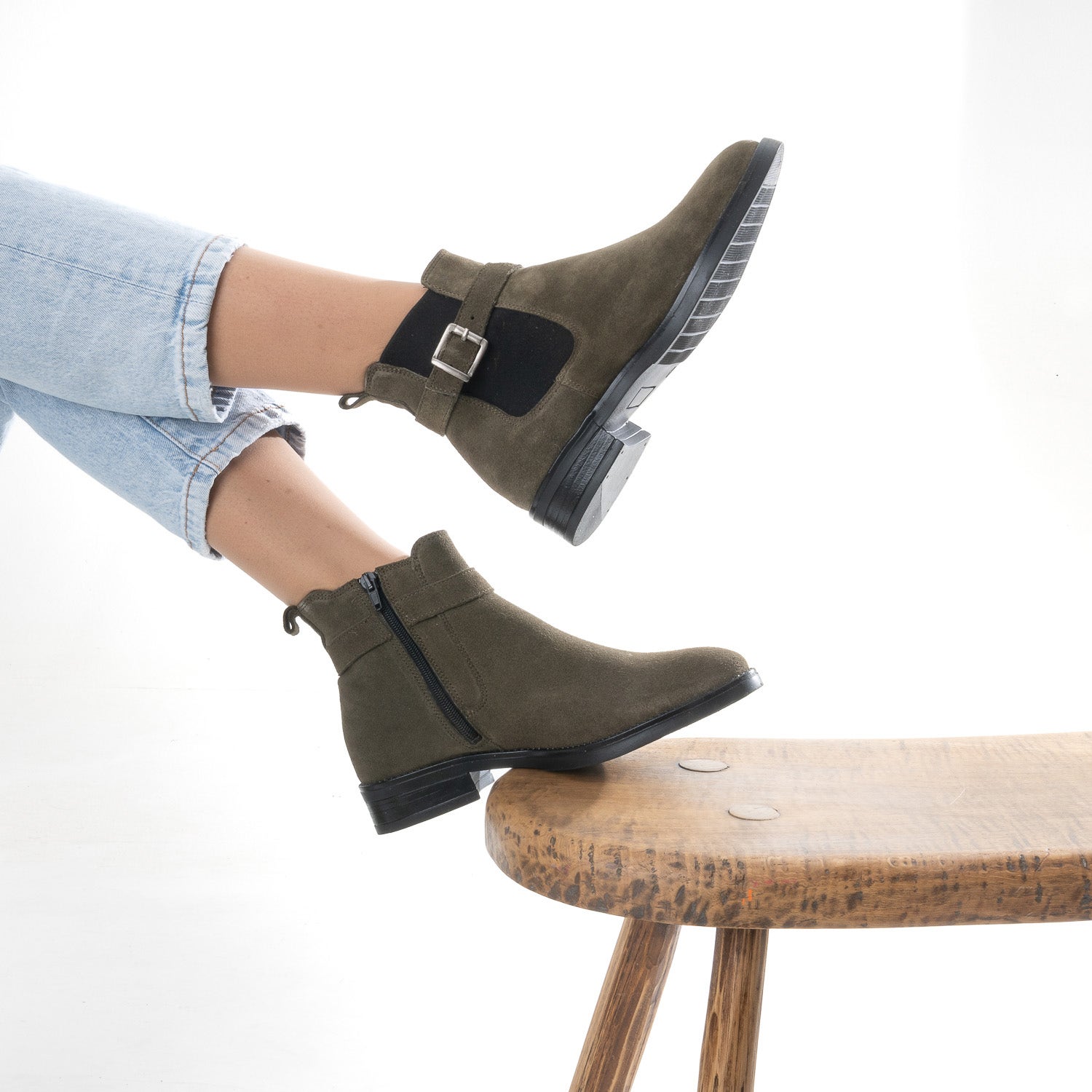 Boots kaki en cuir velours