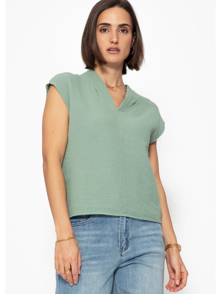 SASSYCLASSY Musselin Shirt mit V-Ausschnitt in Grün günstig kaufen