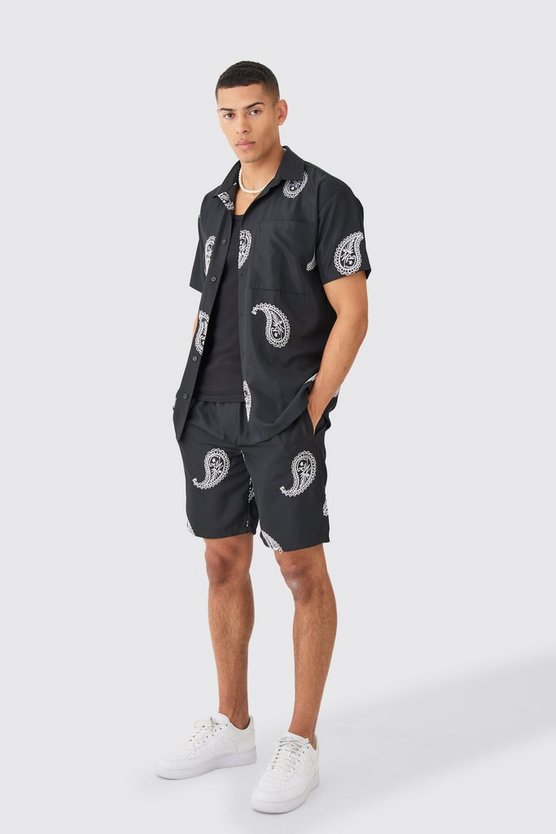 Oversize Twill-Hemd und Shorts mit Paisley-Stickerei