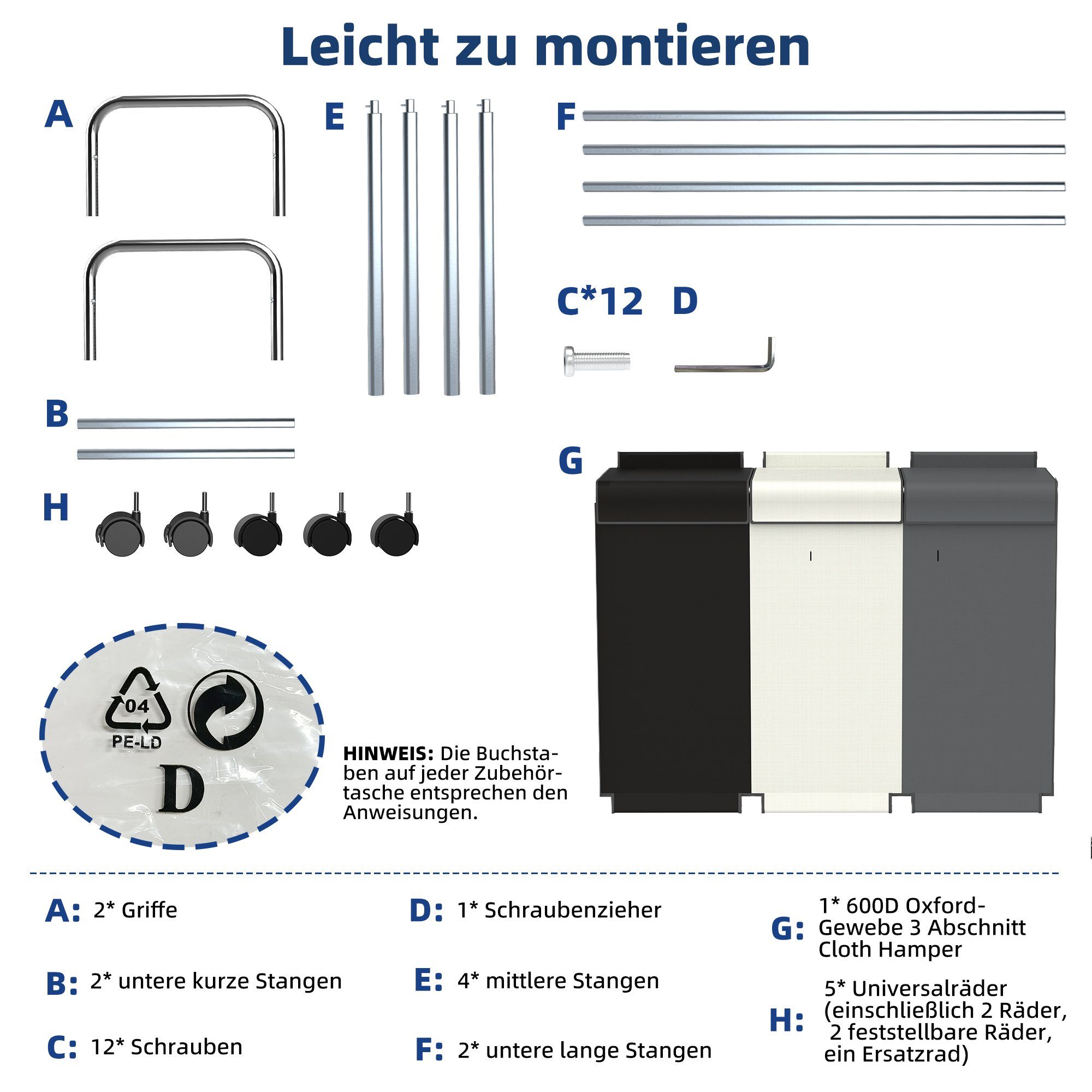 NEFOSO Wäschekorb Wäschesammler 3 fächer mit Deckel, 150L wäschesortierer für Waschküche, 600D Oxford-Gewebe, wäsche sortiersystem mit Rädern, 76 x 39 x 85 cm