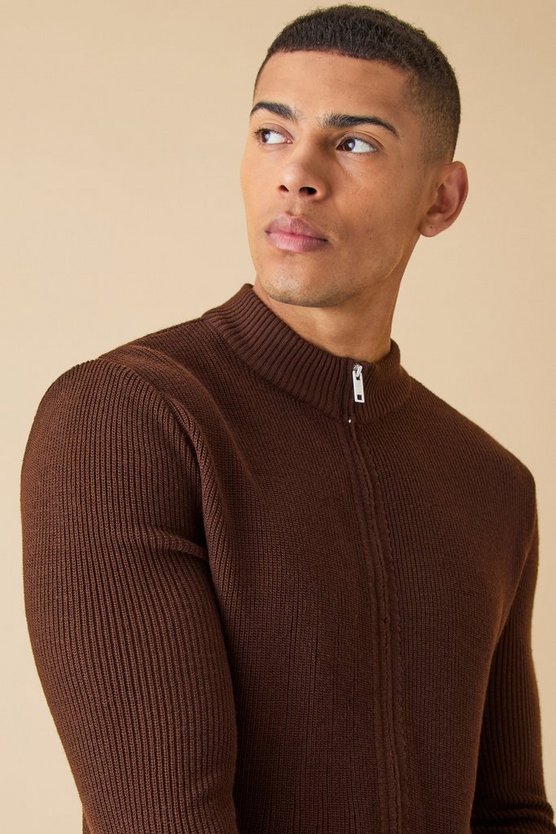 Gerippte Muscle-Fit Strickjacke mit Reißverschluss