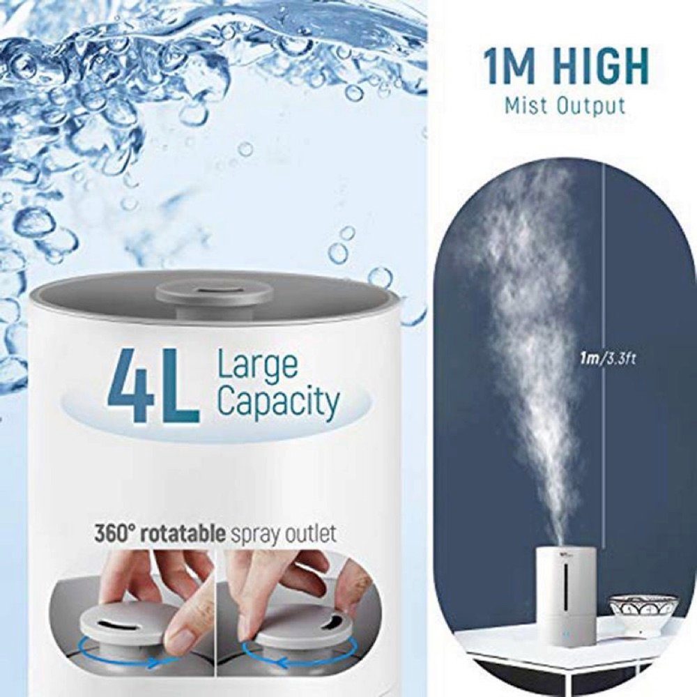 Amzdeal Luftbefeuchter HTJ-2195, 4,00 l Wassertank, ≤38dB Geräuschniveau, 3 stufiger elektrischer Raumbefeuchter