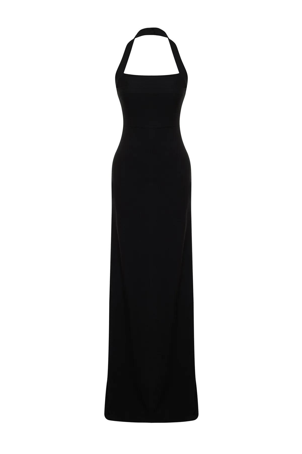 Trendyol Collection  Schwarzes, figurbetontes, gewebtes langes Abendkleid mit Degaje-Kragen TPRSS24AE00083