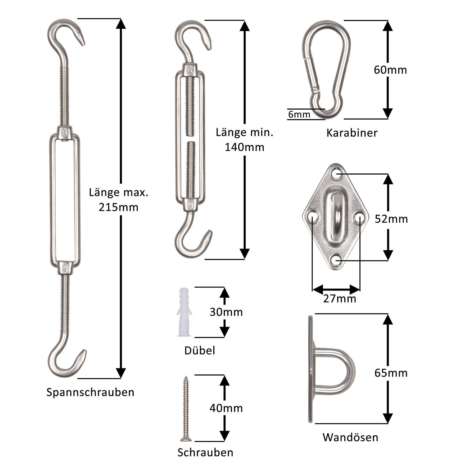 FSH Sonnensegeladapter Sonnensegel Aufbauset Zubehör Kit Spannschraube Karabiner Edelstahl, (Spar Set, 40-tlg), Edelstahl M6