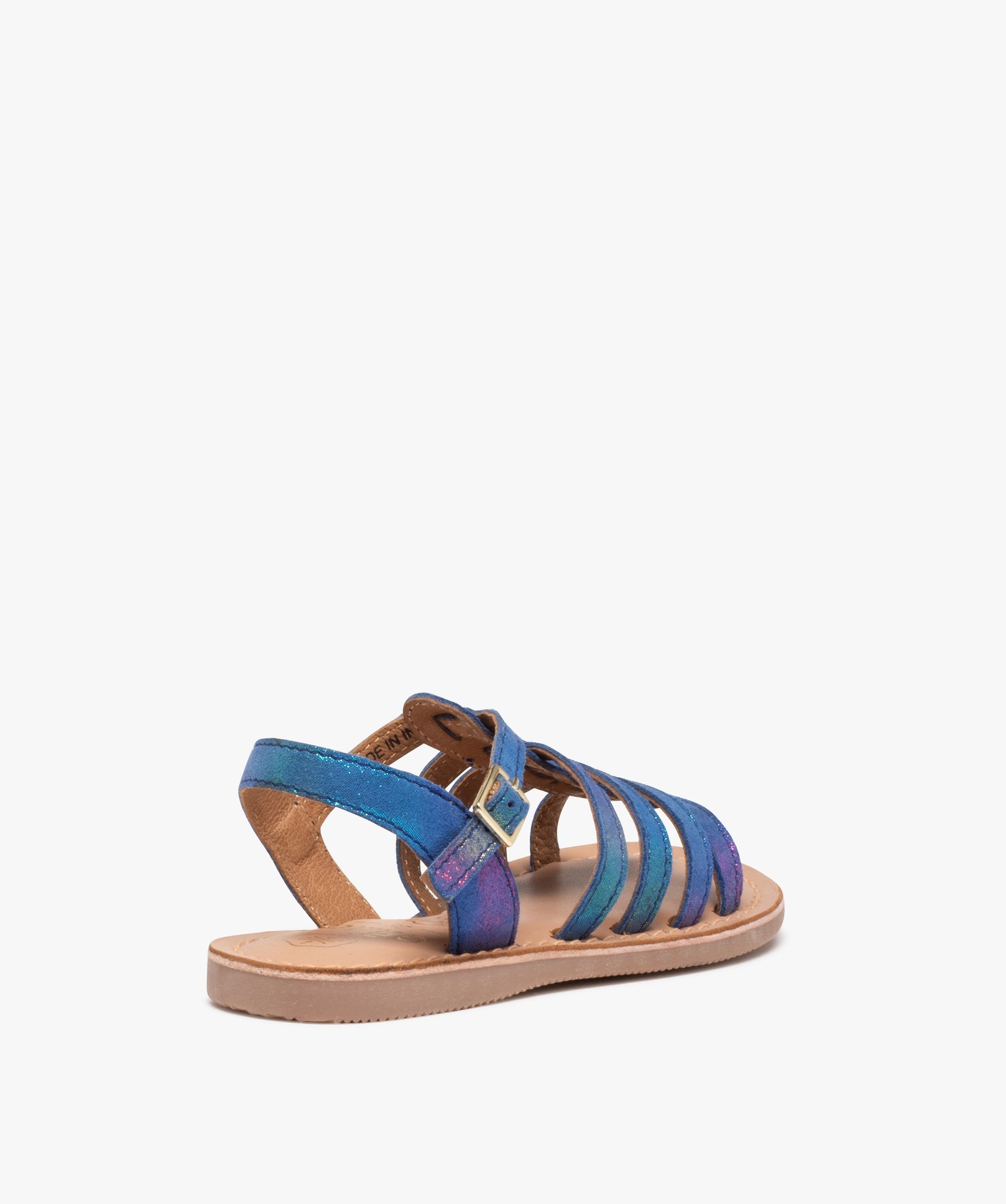 Sandales filles à brides multiples en cuir irisé bleu | GEMO