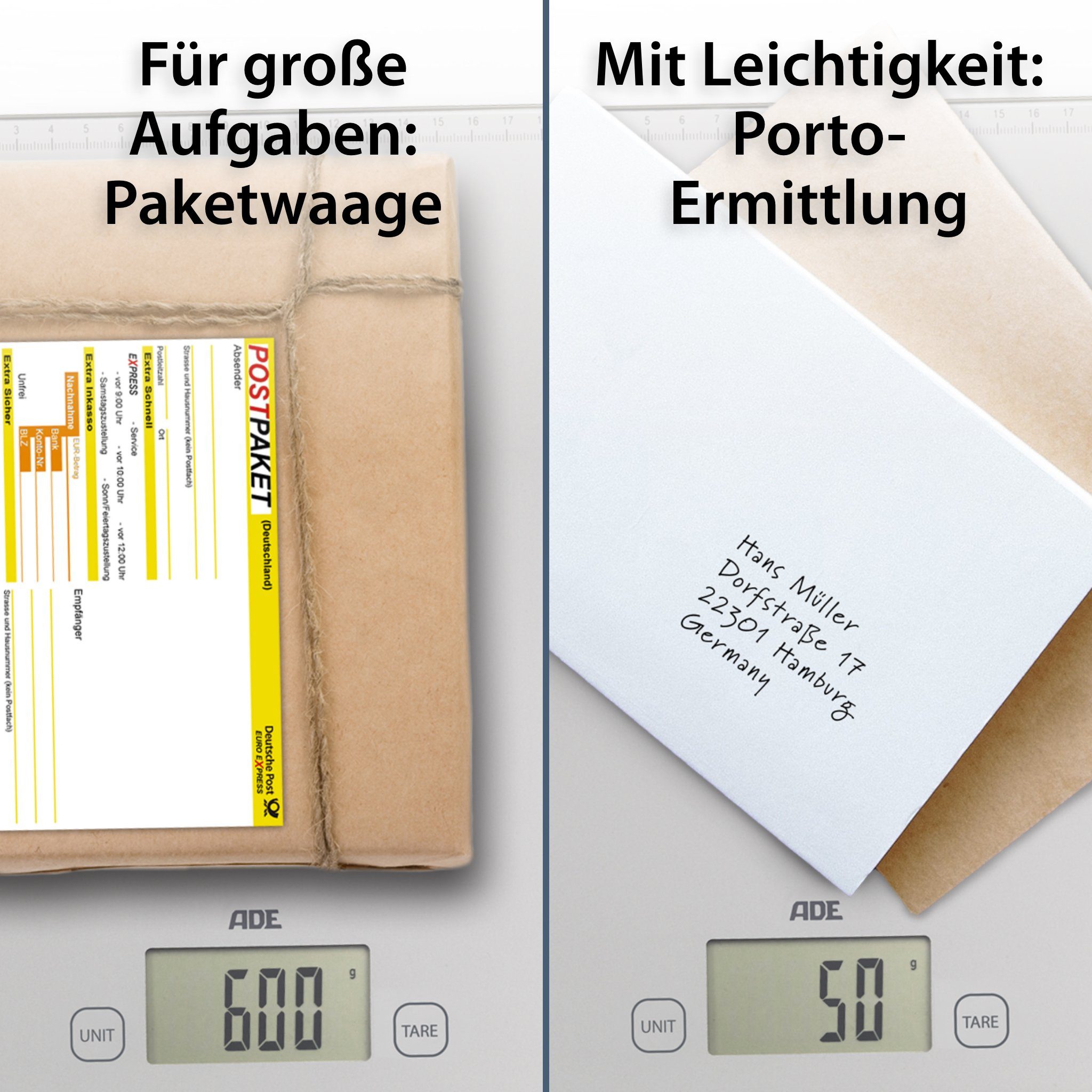 ADE Küchenwaage XXL Brief- und Paketwaage, mit aufgedrucktem Lineal, für große Mengen bis 20 kg