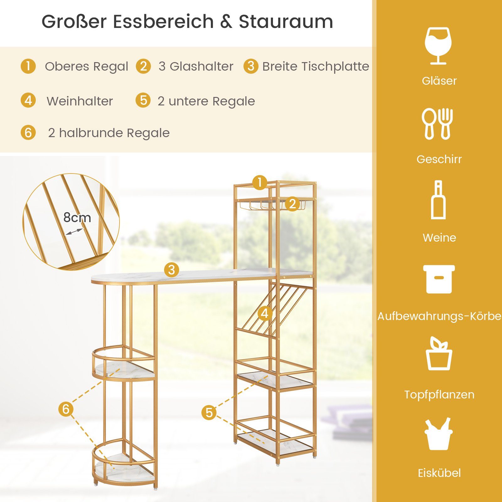 COSTWAY Bartisch, mit Hocker 2er Set, Mamor, mit Ablage, Glashalter&Weinregal