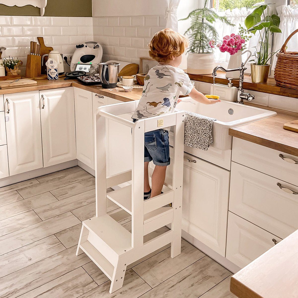 MeowBaby Stehhilfe Lernturm für Kinder Montessori Lernstuhl Weiß (1 St), Kinderhocker, Höhenverstellbar, Abgerundete Ecken & Kanten
