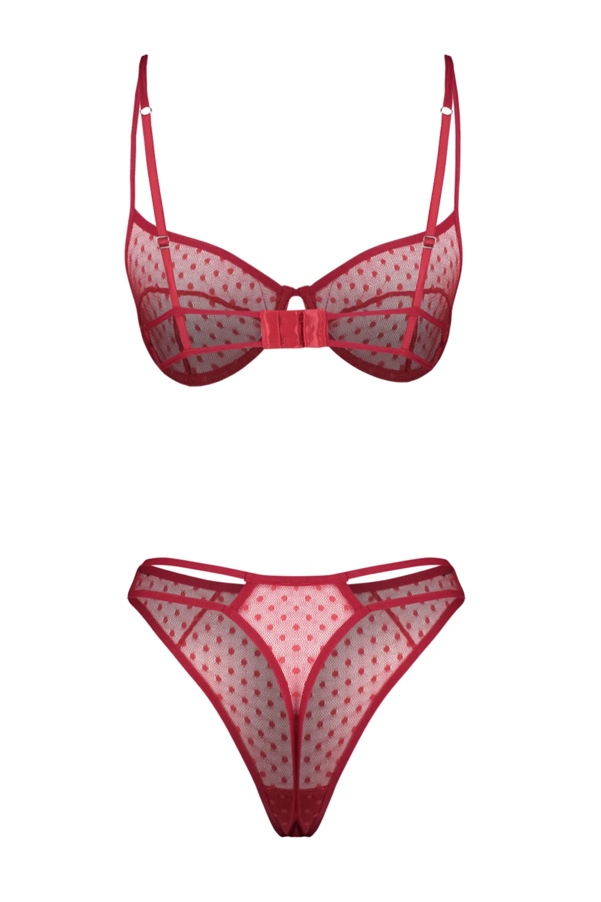 Trendyol Collection  Rotes Dessous-Set aus Spitze mit gepunkteten Seilträgern und kappenlosem Strick THMSS24CC00018