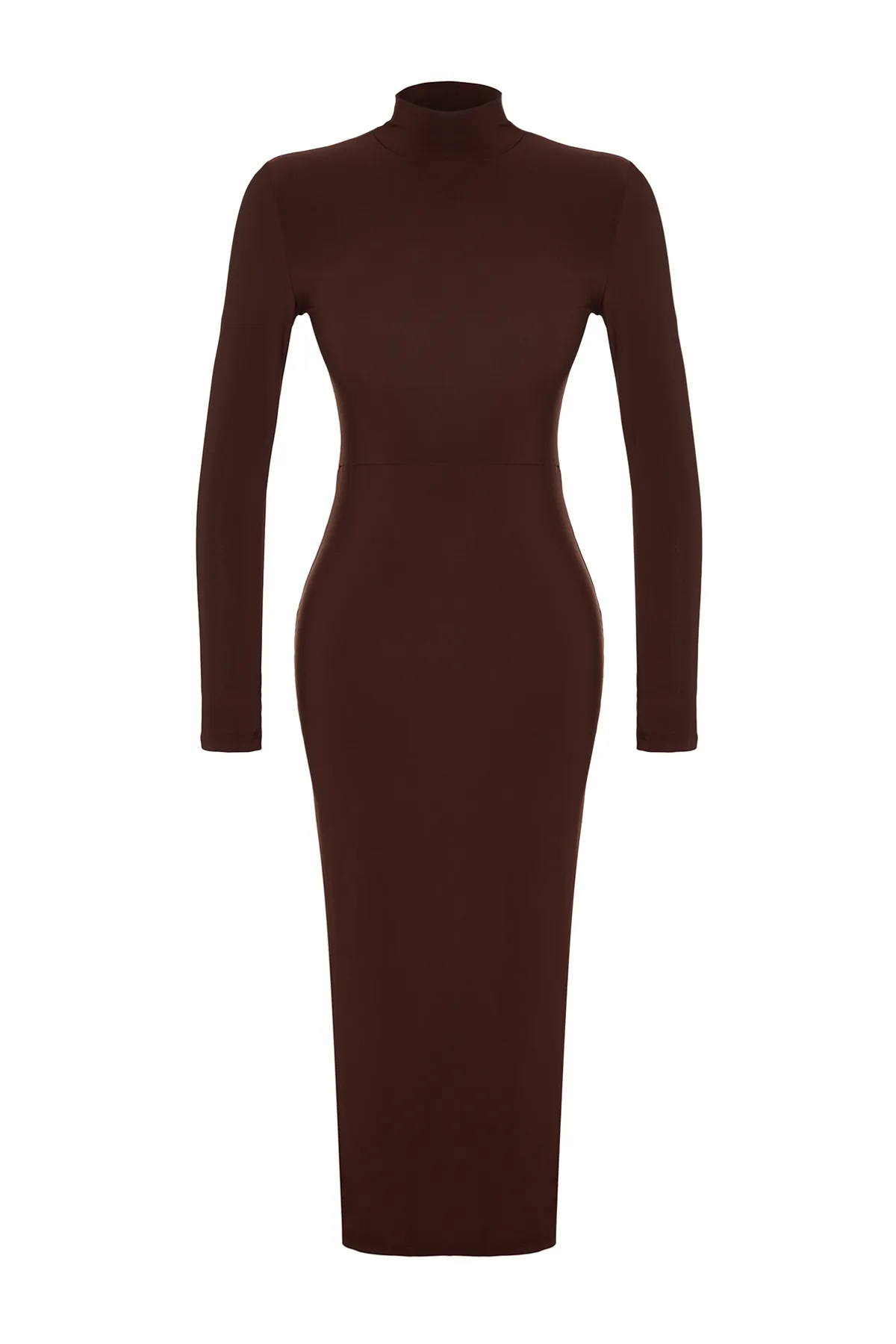 Trendyol Collection  Braunes, tailliertes/tailliertes Maxi-Bleistiftkleid aus flexiblem Strick mit Stehkragen TWOAW24EL00614