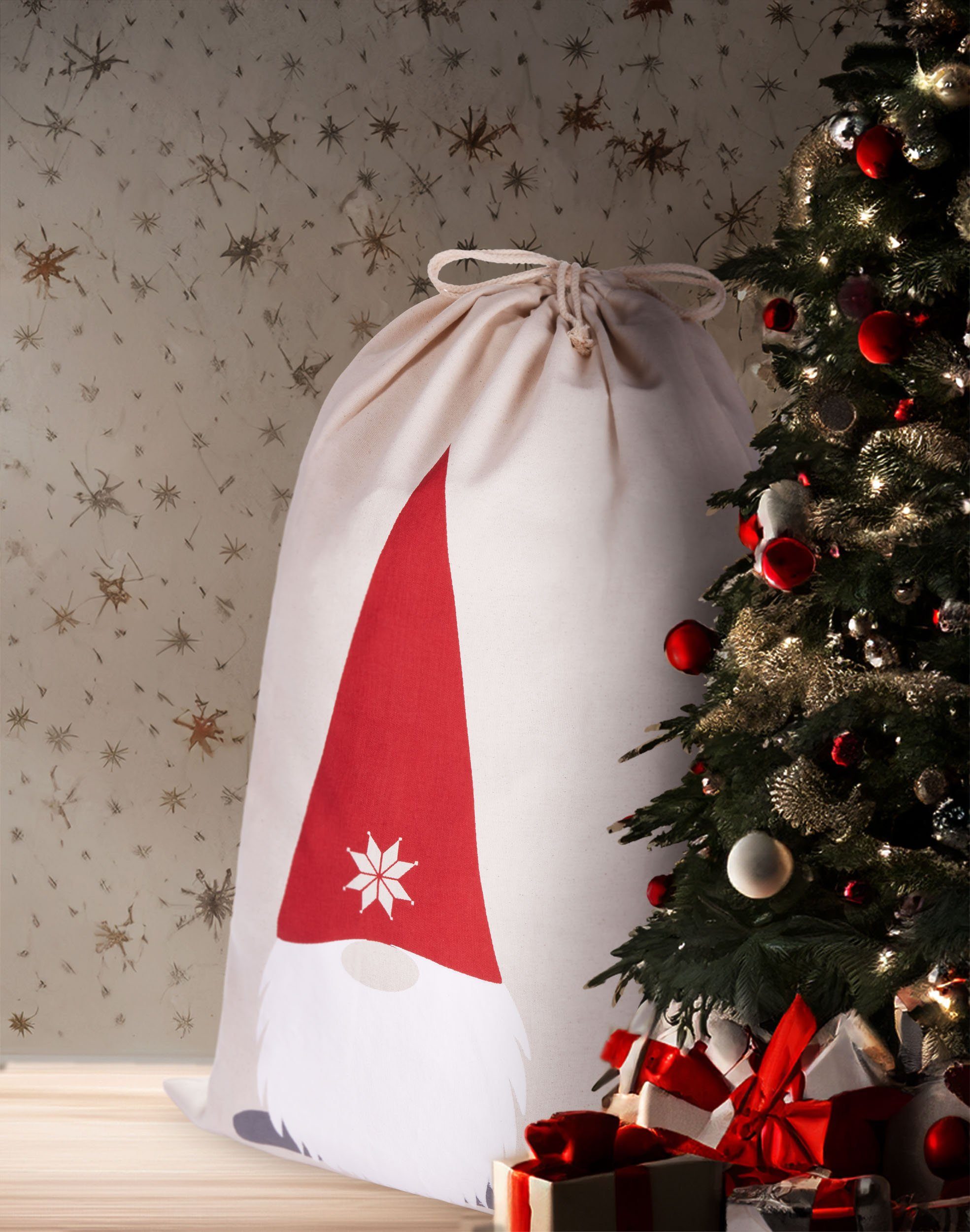 BRUBAKER Aufbewahrungstasche Weihnachtssack Gnom Zwerg - 80 cm Geschenksack (Weihnachtszwerg mit Bart und Weihnachtsmütze, 1-tlg., Weihnachten - Nikolaussack), Sack Baumwolle mit Kordel zum Verpacken von Geschenken