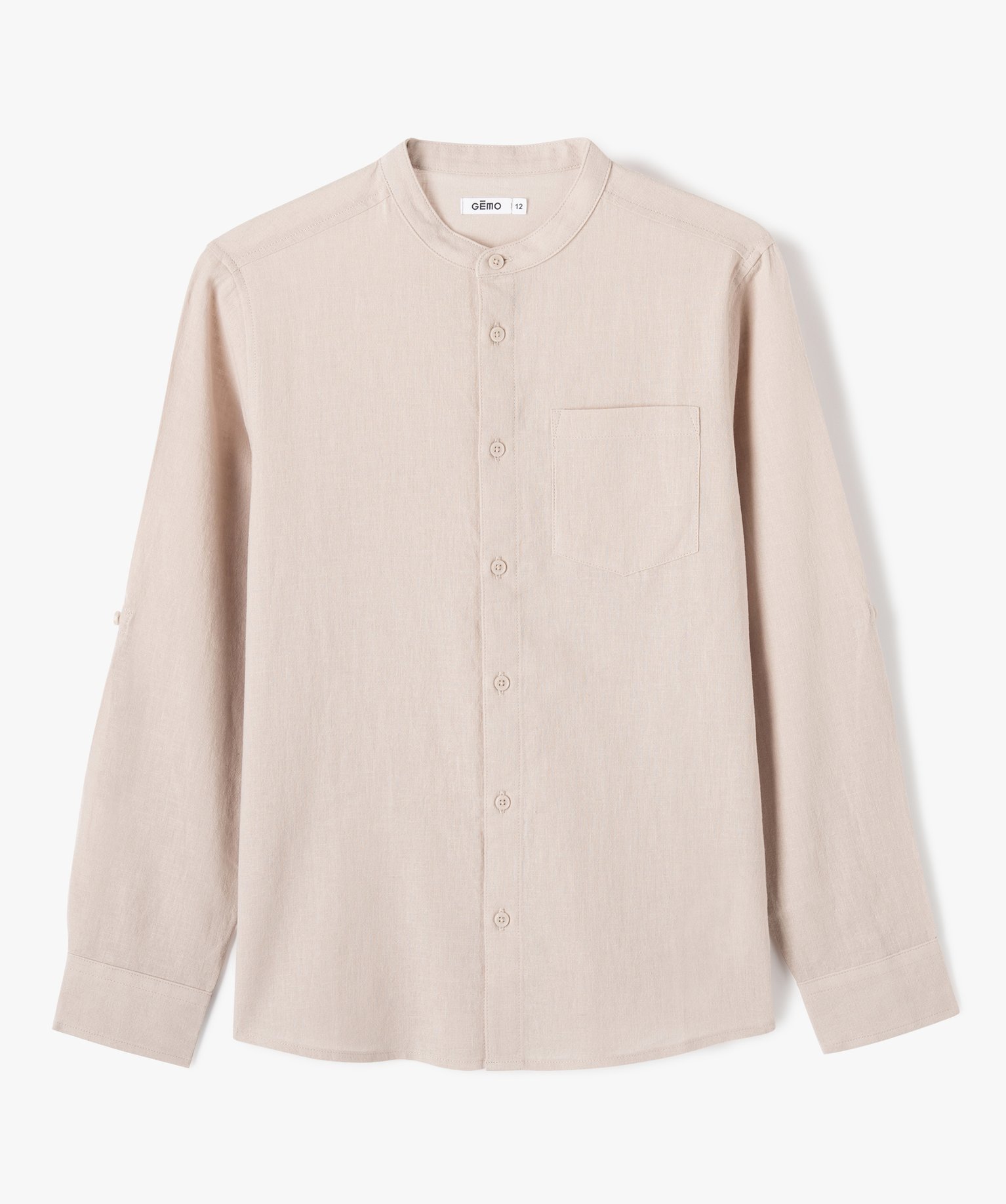 Chemise Garçon unie à manches longues et col mao beige | GEMO
