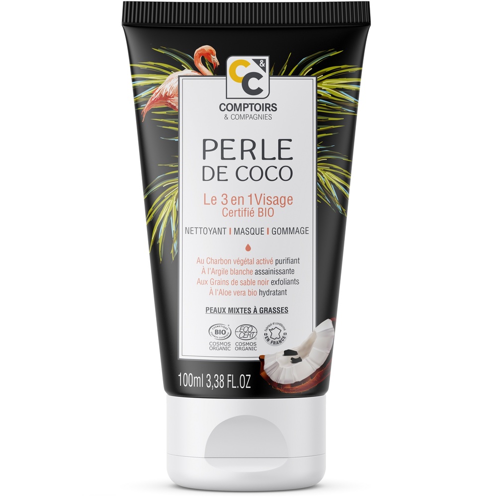 comptoirs et compagnies LE 3 EN 1 VISAGE AU CHARBON VÉGÉTAL ACTIF CERTIFIÉ COSMOS ORGANIC PERLE DE COCO SOIN VISAGE