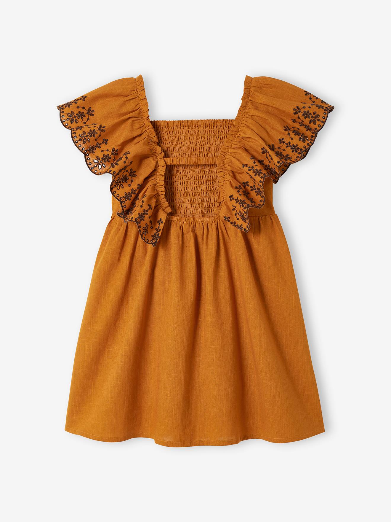 Robe smockée manches brodées fille caramel