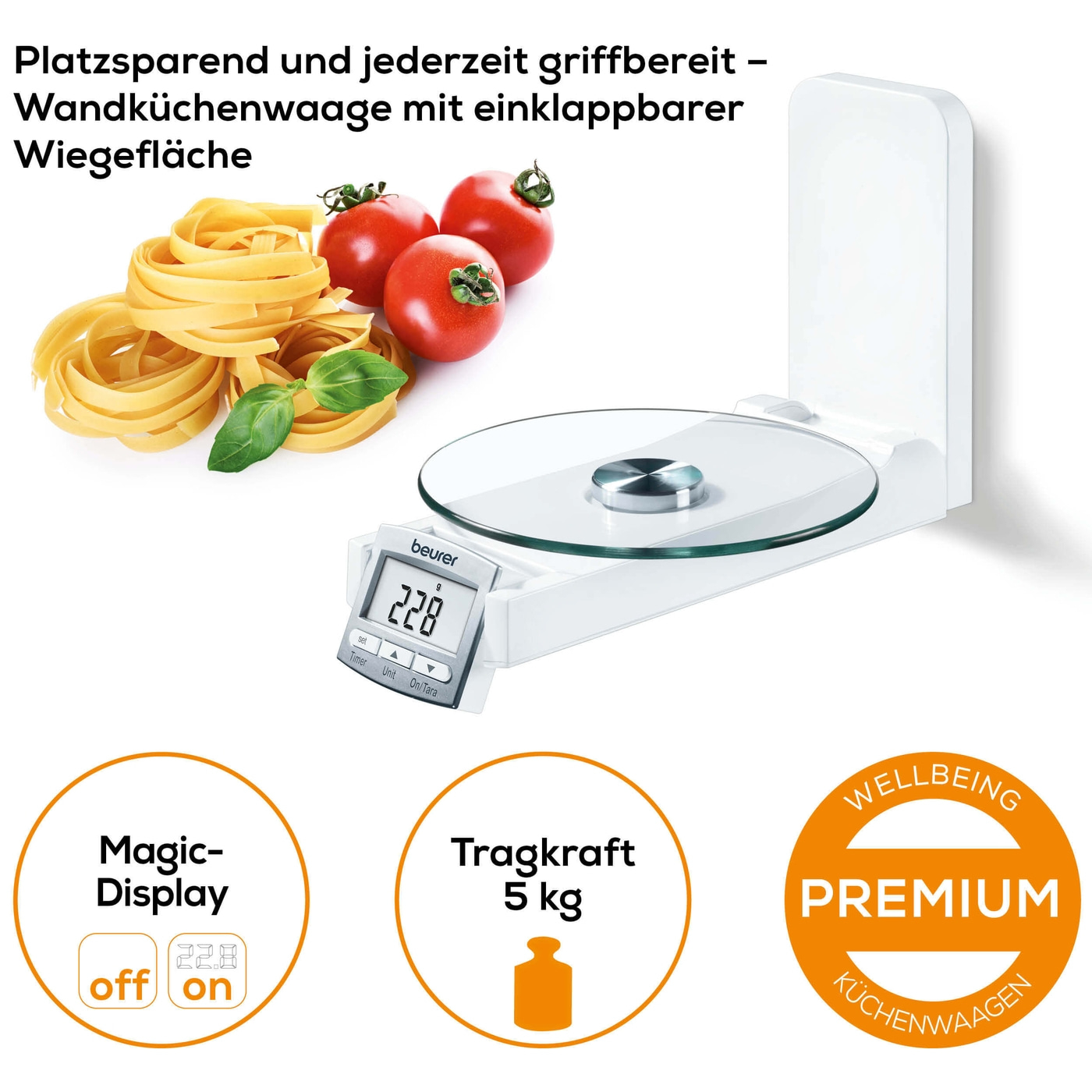 Beurer Wandküchenwaage - KS 52-Klappbare Küchenwaage für die Wand mit Uhrzeit & Timerfunktion
