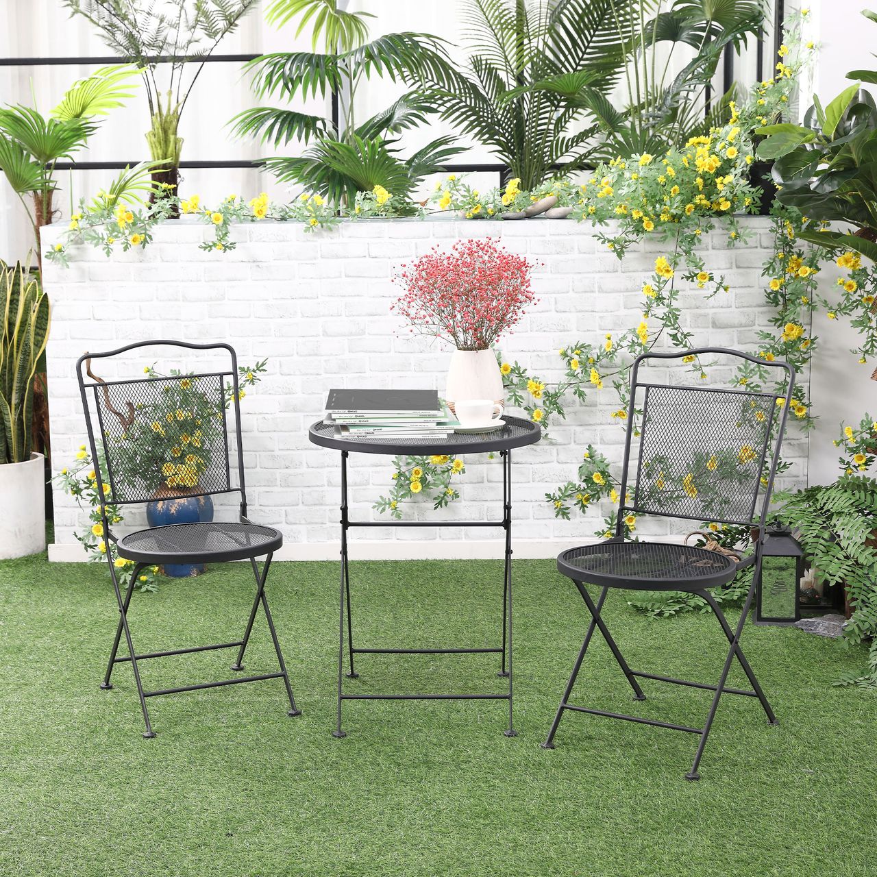 Outsunny Sitzgruppe 3-teilige Essgruppe Bistro-Set Gartenmöbel-Set Balkonmöbel Set 1 Tisch 2 Stühle mit Schirmloch Terrasse Metall Schwarz