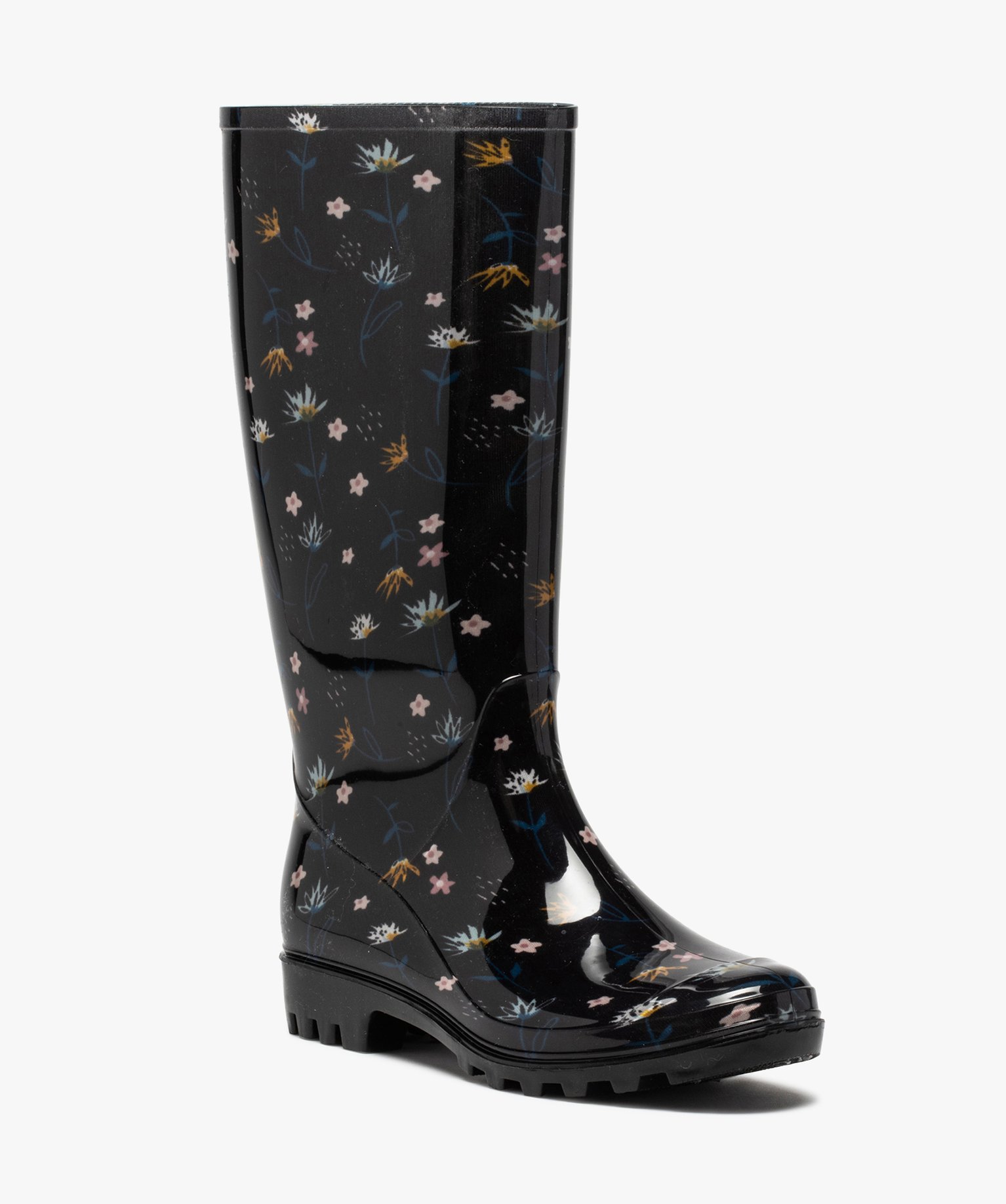 Bottes de pluie femme à imprimé fleuri et semelle crantée noir | GEMO