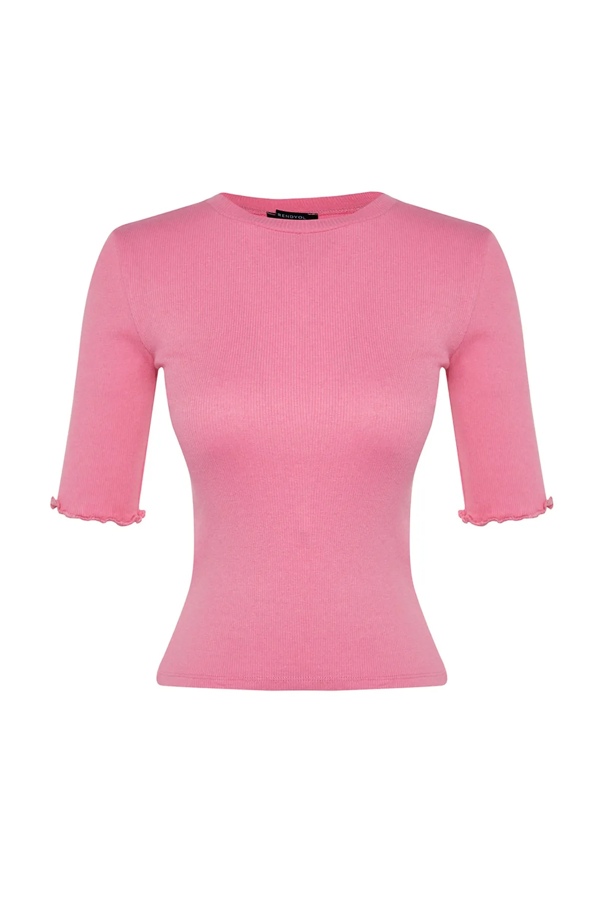 Trendyol Collection  Rosafarbene, gerippte, taillierte, dehnbare Strickbluse mit Rundhalsausschnitt TWOSS23BZ00025