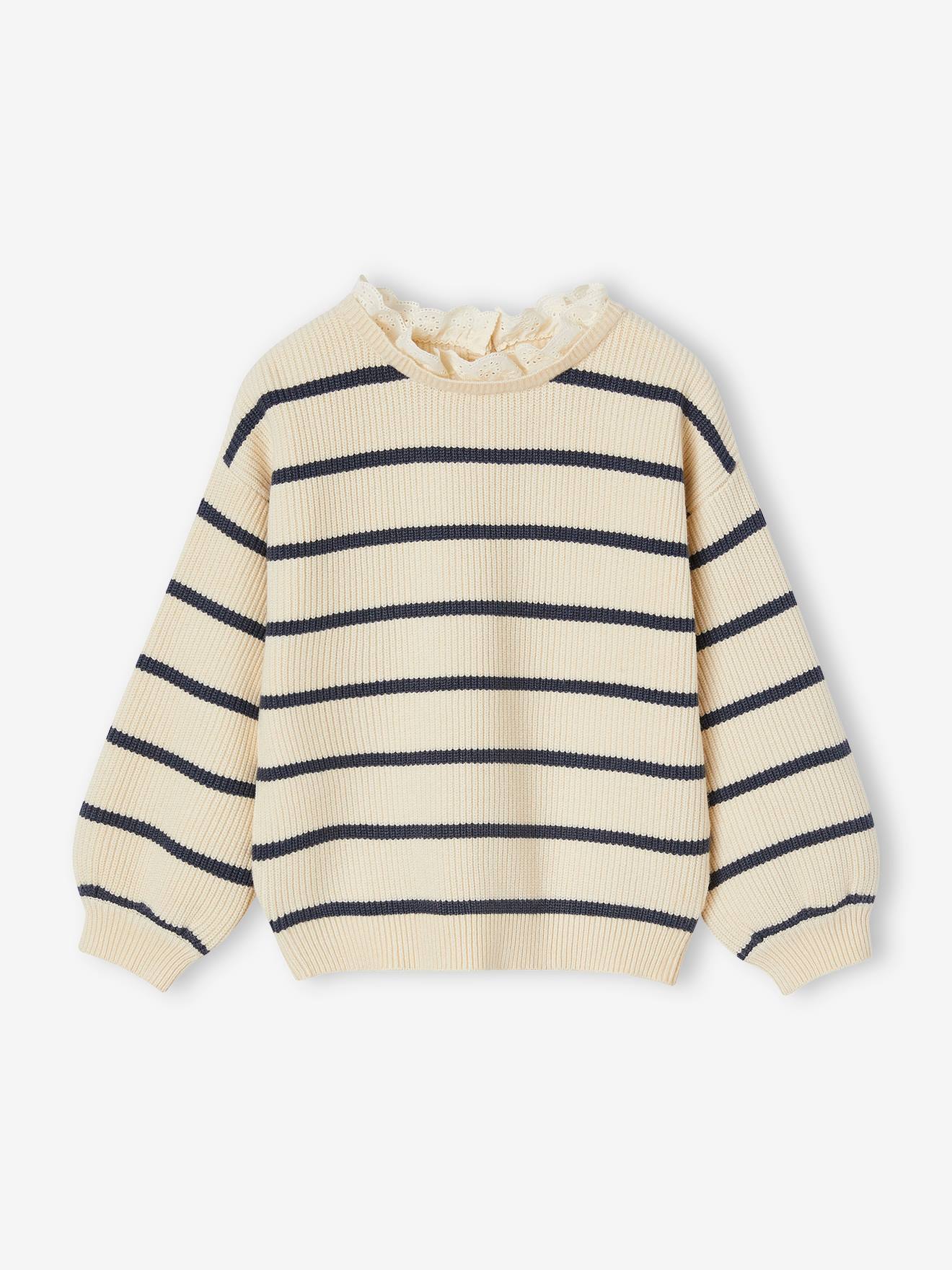 Pull col fantaisie forme loose fille rayé marine