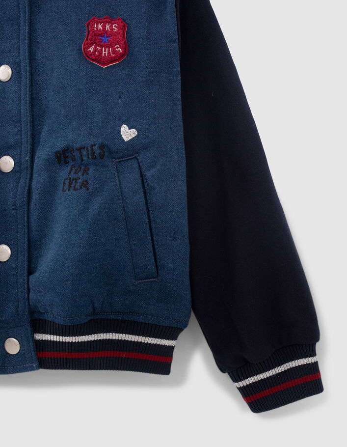 Teddy en jean marine bi matière avec broderies fille