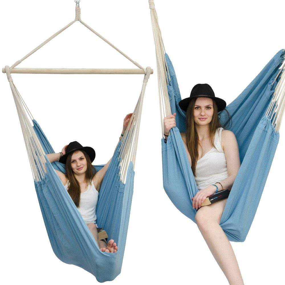 AMANKA Hängematte XXL Hängesessel Spreizstab mit Abrutschschutz Blau, 185x130cm bis 150 kg Blau