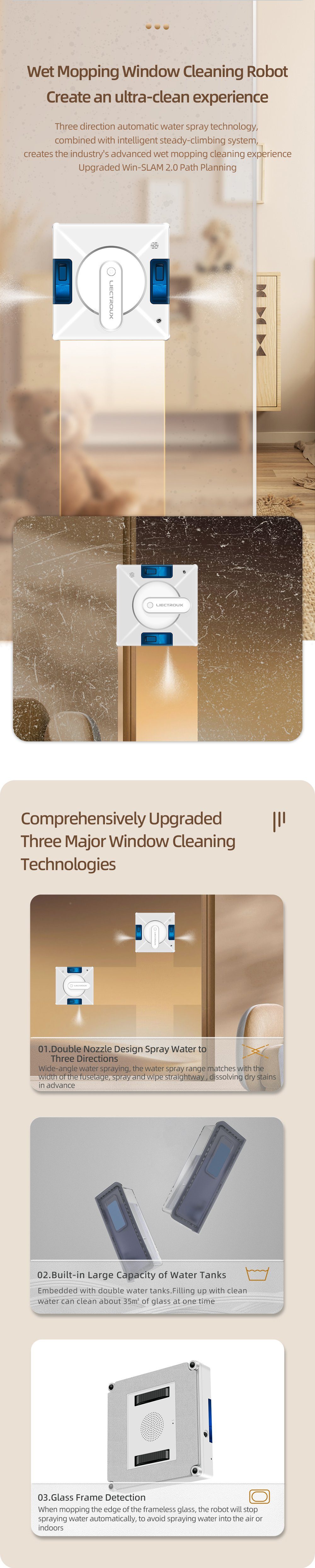 LIECTROUX Fensterputzroboter YW509 Fensterreiniger-Roboter mit doppelseitigem Wassersprühen, 3000 PA, 500 mAh Eingebaut (UPS), 3 automatische Reinigungsmodi