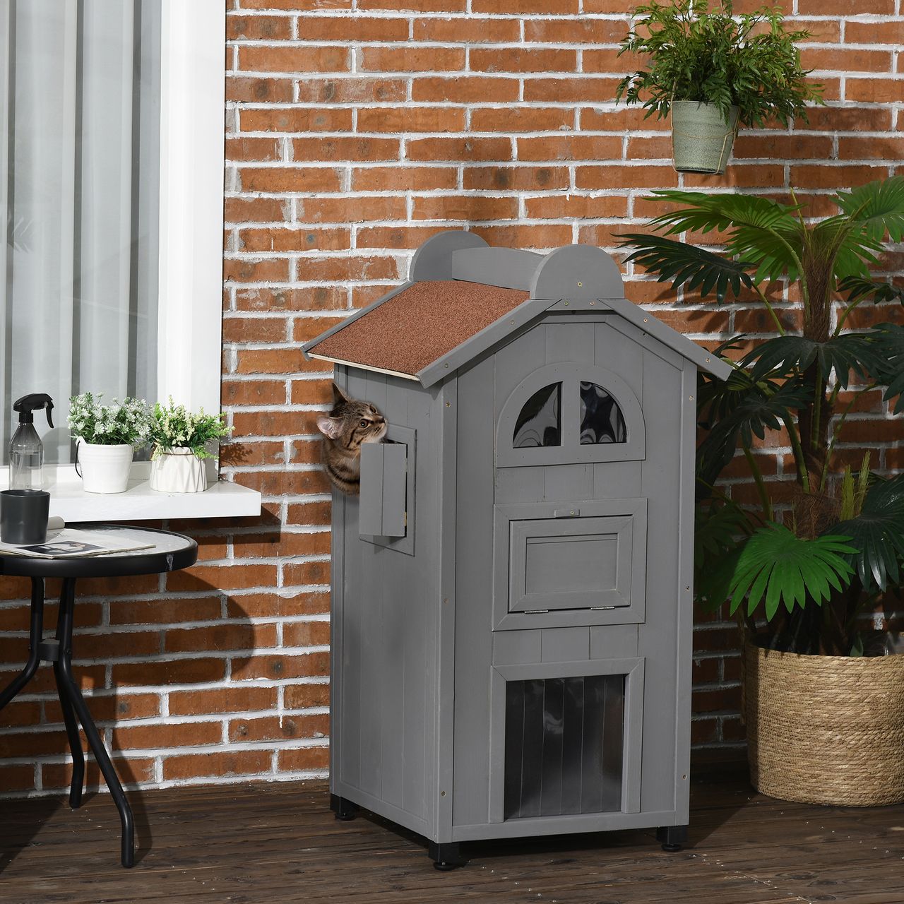 PawHut Katzenhaus für Katzenbett oder Katzentoilette, Katzenschrank, Katzenklo Indoor, Tannenholz, Asphaltdach, Grau   Weiß, 59 x 55 x 109 cm