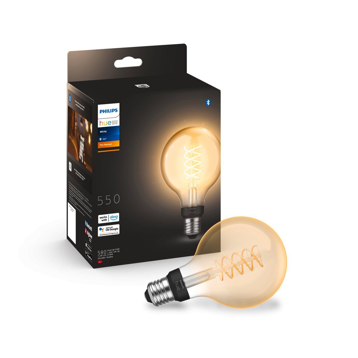 Philips Hue Smarte LED-Leuchte White E27 Filament Globe G93 550lm