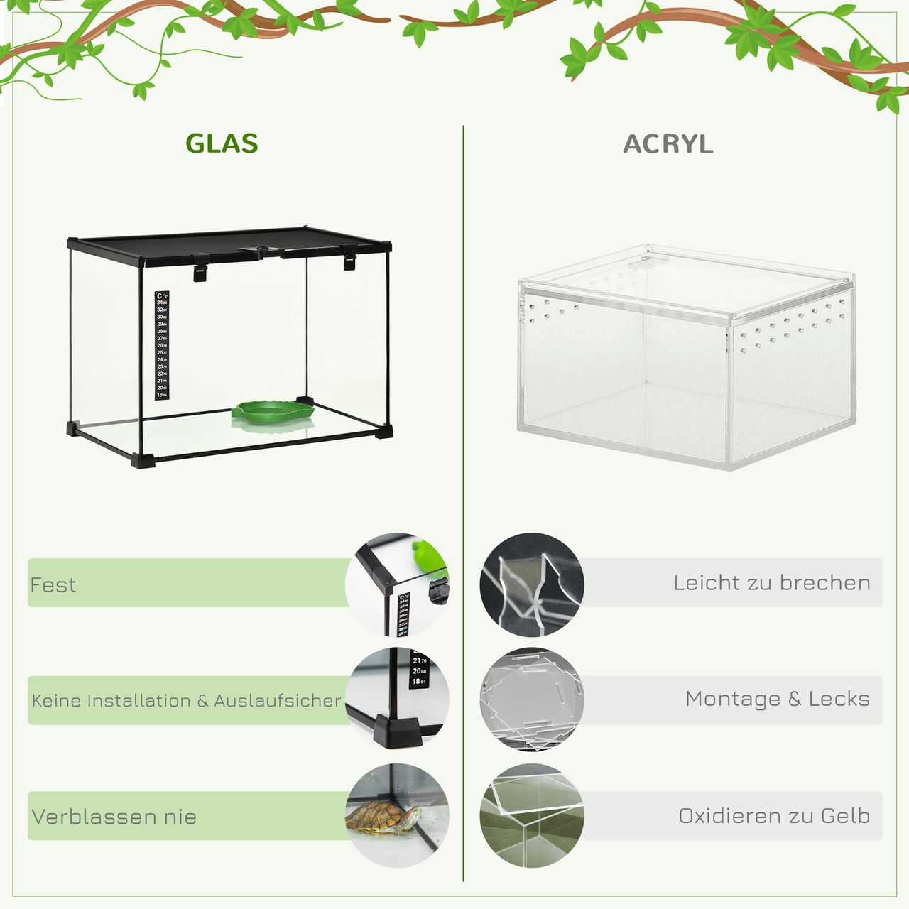 PawHut Terrarium für Reptilien Reptile Fütterungsbox Glasterrarium Amphibien Spinnentiere mit Thermometer Reptilienzuchtbox Metall Schwarz 50 x 30 x 35 cm