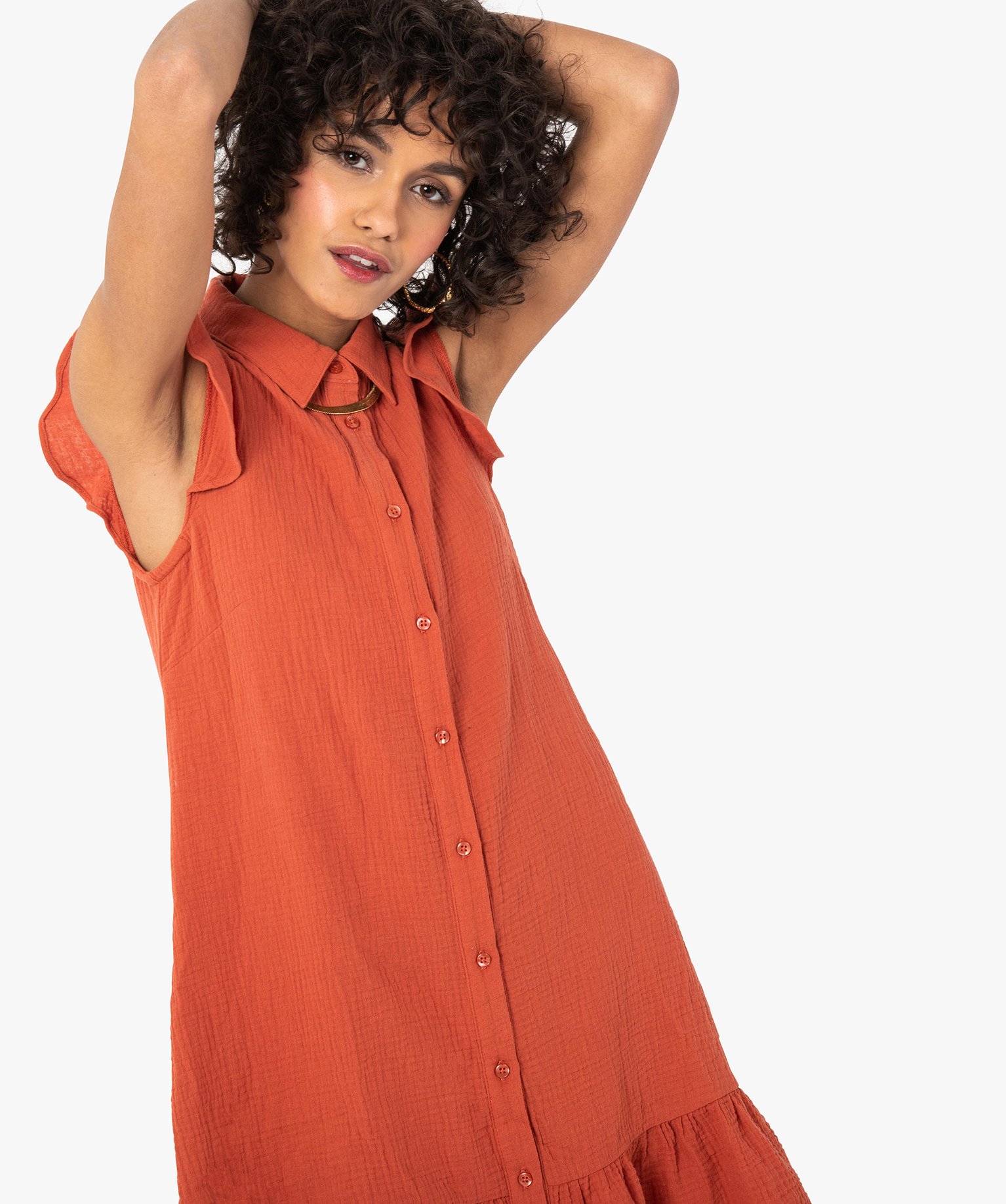 Robe femme en gaze de coton à col chemise orange clair | GEMO