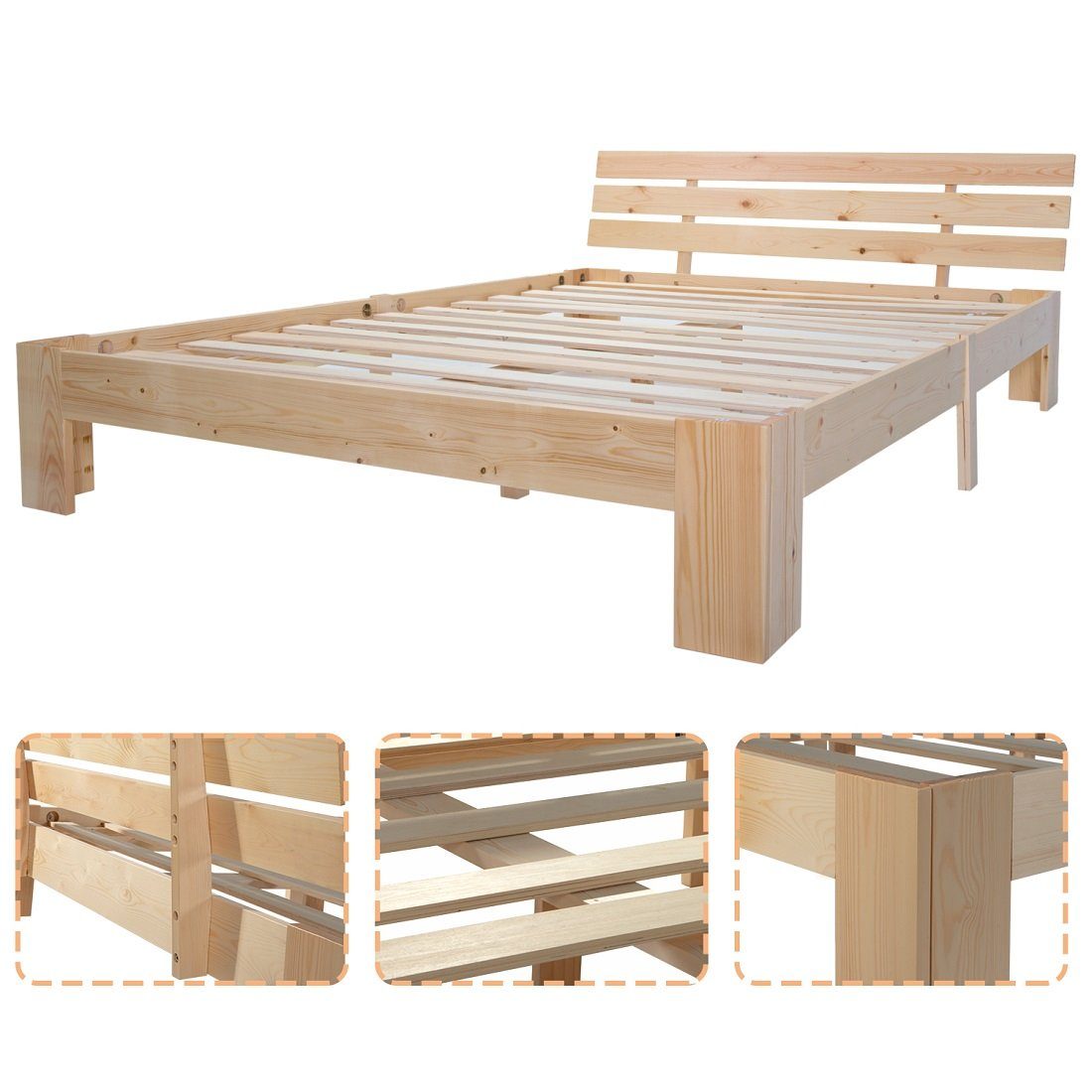 OKWISH Holzbett Doppelbett (mit Kopfteil aus Bettgestell mit Lattenrost, Massivholz FSC Massiv Doppelbett als Kieferbett verwendbar), 140x200 cm