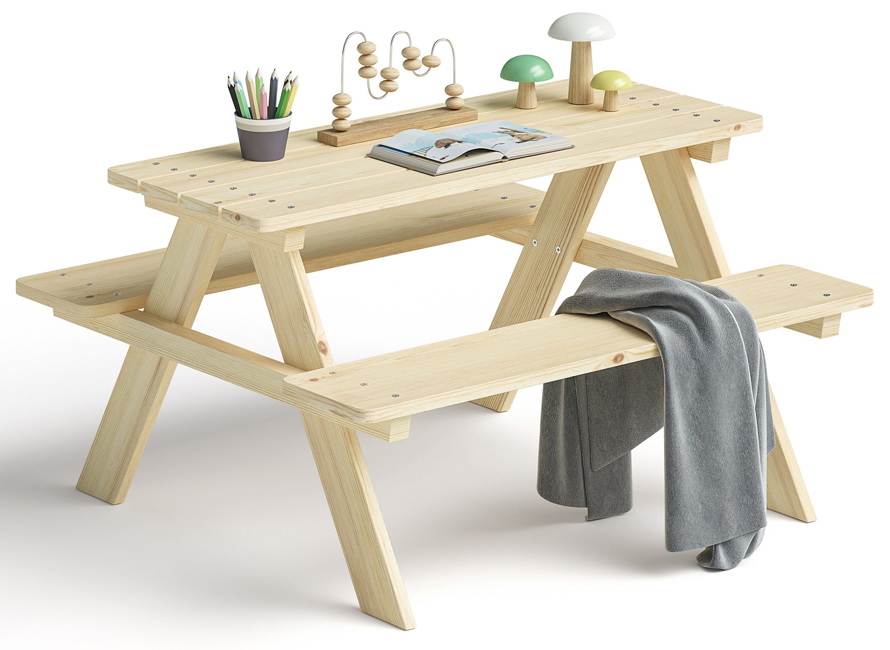 Bellabino Kindersitzgruppe Inny, (Sitzgruppe für Draußen, 1x Tisch, 2x Bank), für 4 Personen, unbehandelt, aus Kiefer Massivholz