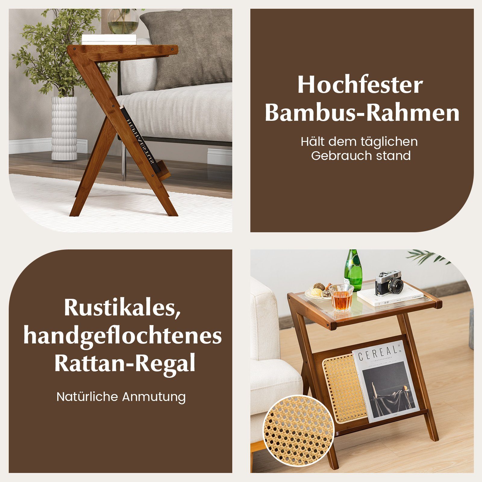 COSTWAY Couchtisch, Bambus, mit gehärteter Glasplatte & Rattan Magazinhalter