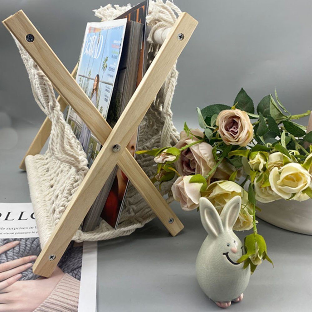 KOMIRO Zeitungsständer Zeitungsständer Boho Zeitungskorb, Holz + Baumwollseil, Für Wohnzimmer