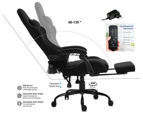 Delman Gaming-Stuhl Bürostuhl Chefsessel Massagefunktion mit 6 Vibrationspunkten Stoff, Drehstuhl, dicke Polsterung, Metallfußkreuz, Fußstütze 02-0036