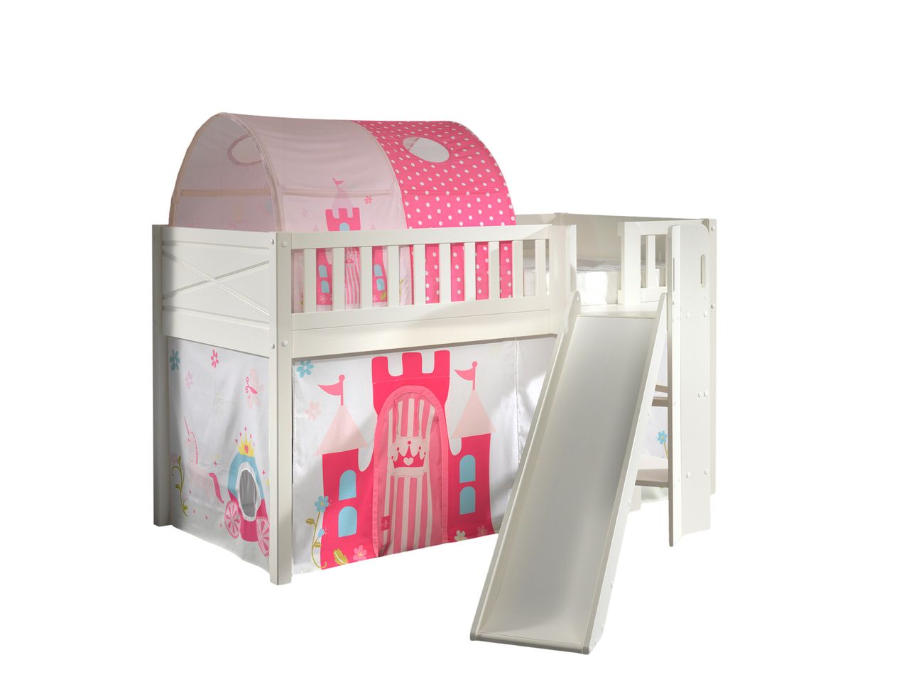 VIPACK Spielbett SCOTT, LF 90 x 200 cm, mit Rolllattenrost, Rutsche, Leiter und Textilset Vorhang und Tunnel 