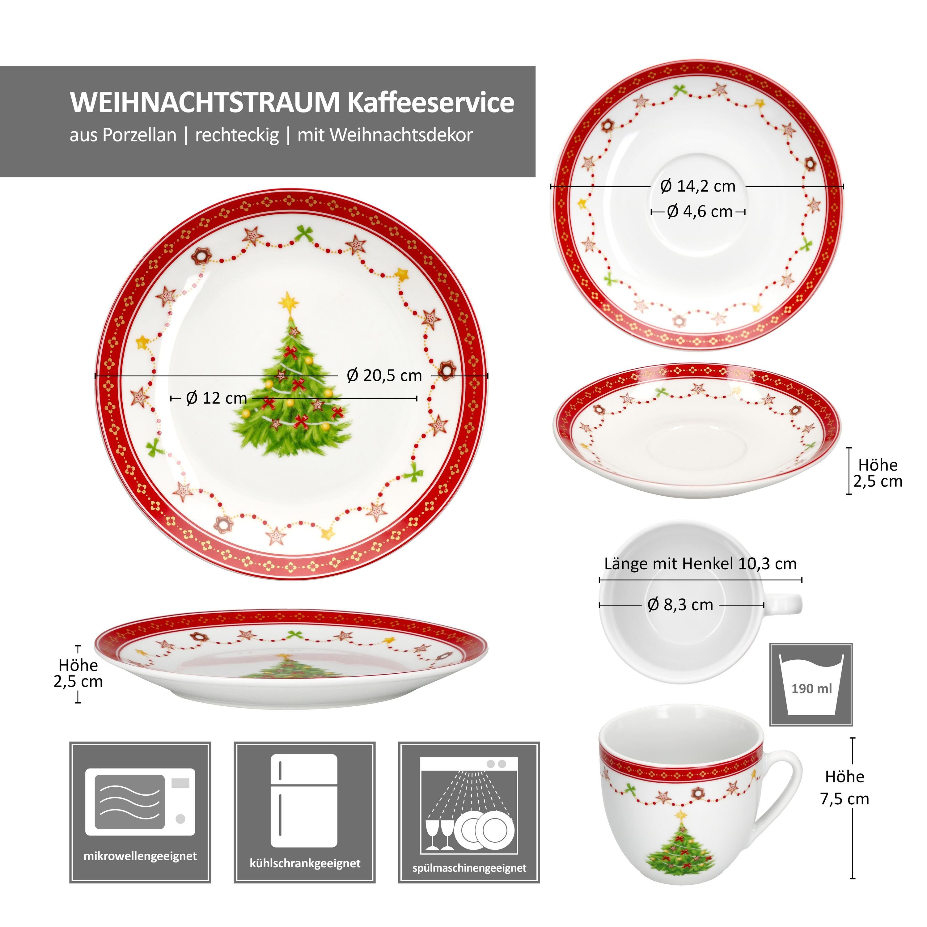 MamboCat Kaffeeservice 18tlg Kaffeeservice Weihnachtstraum Porzellan 6 Pers. Weihnachten, Porzellan