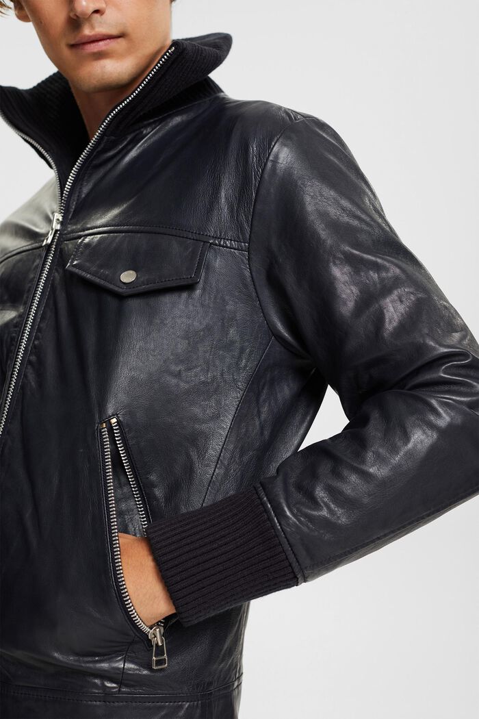 Lederjacke mit Kragen in Rippstrickoptik