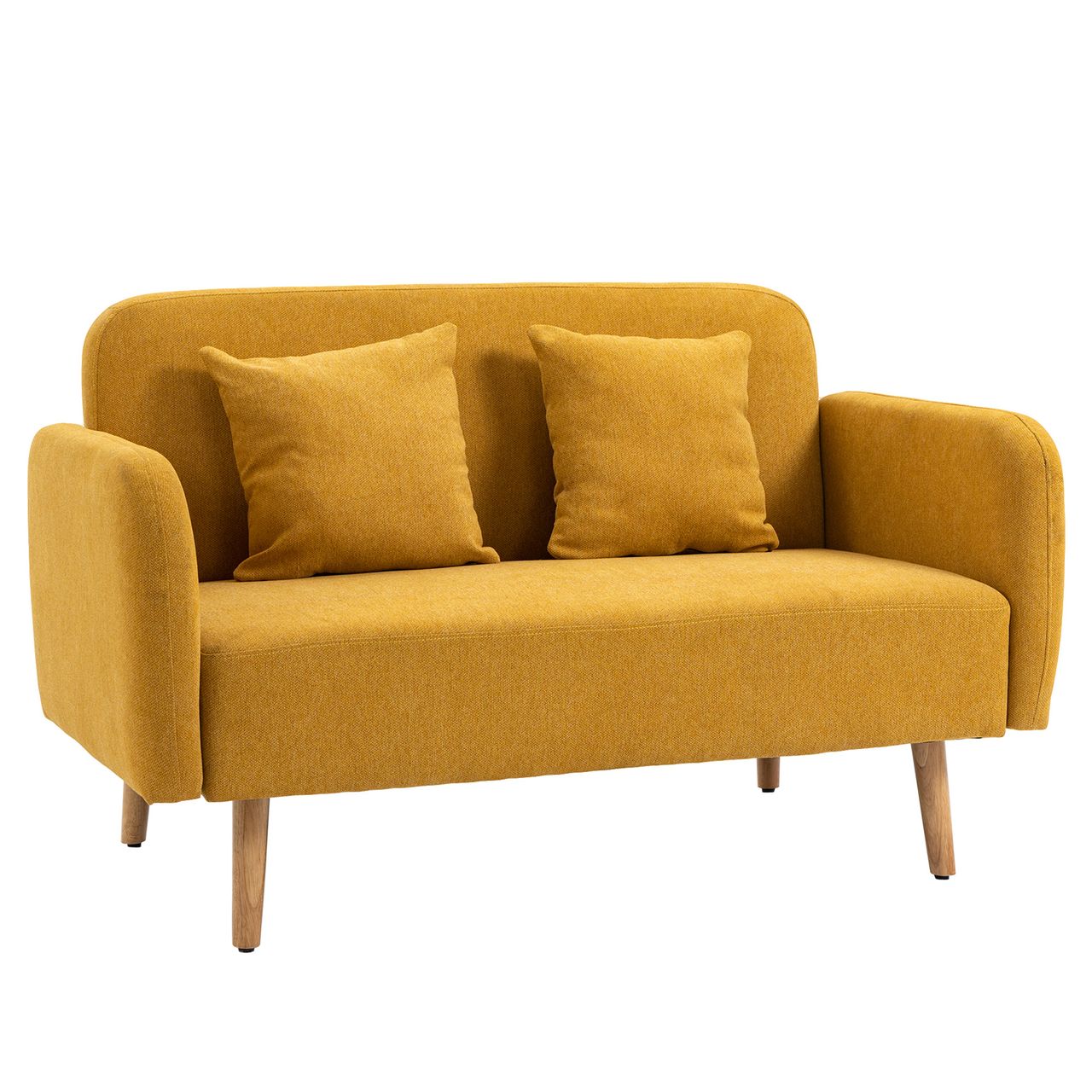 HOMCOM Doppelsofa Polsterung mit Kissen Stoff Loveseat kompaktes Design Moderne Zweisitzer einstellbare Höhe der Fußrasten samtartiges Polyester Gummiholz Schaumstoff Natur Gelb 130 x 70 x 80 cm