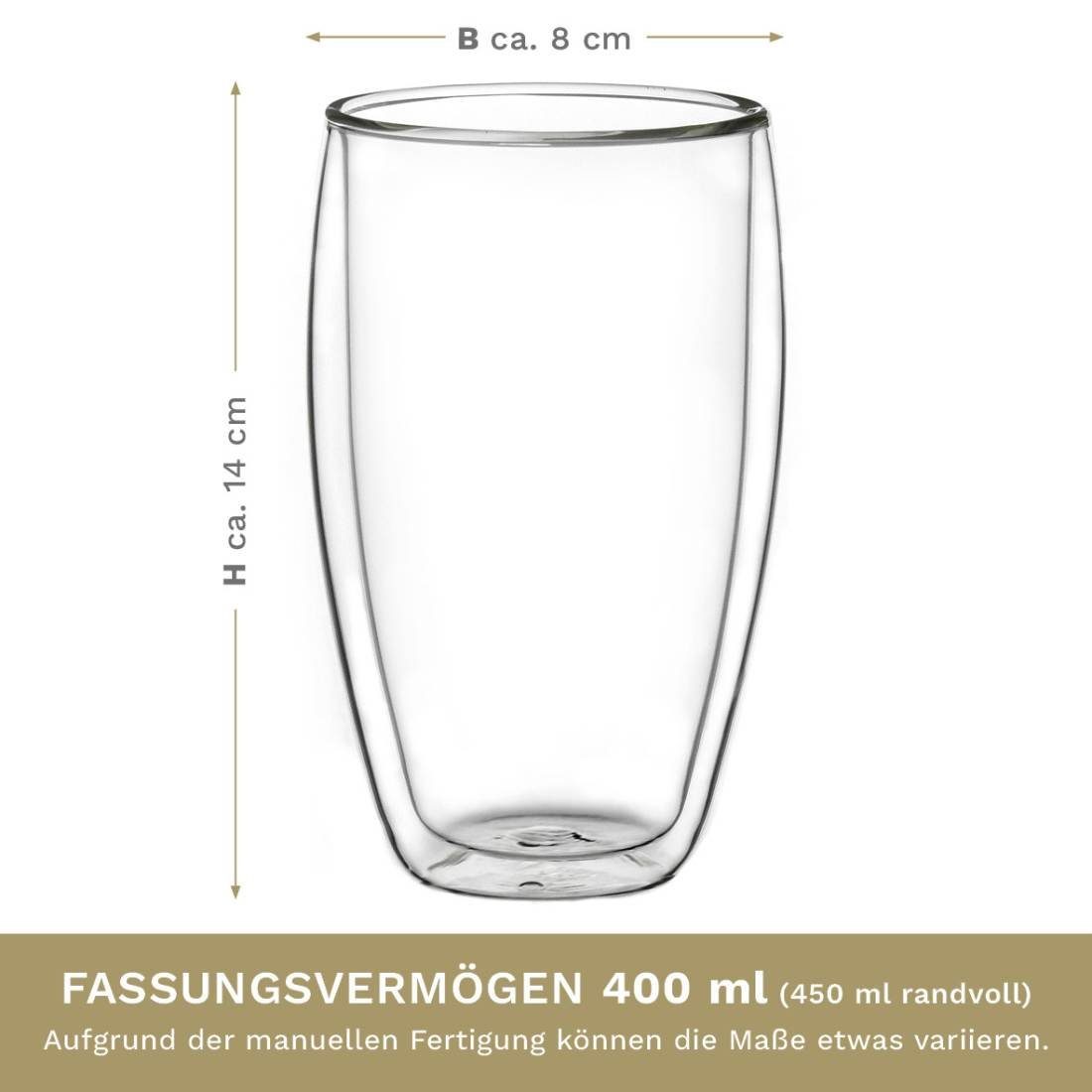 Creano Teeglas Doppelwandiges Thermoglas 400ml „DG-SH“, Borosilikatglas, 2 Gläser