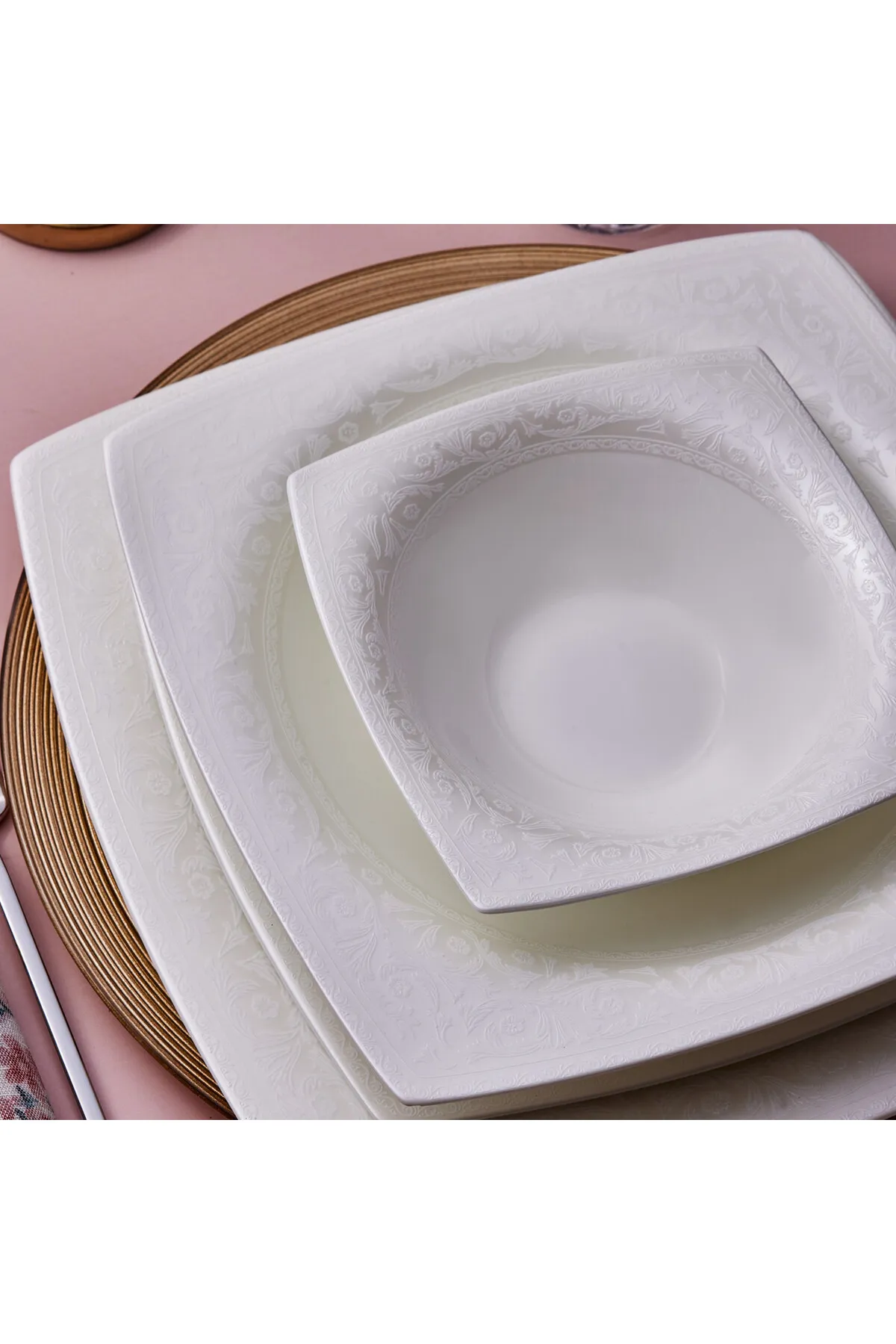 Karaca  Fine Pearl Roma 58-teilig 12 Personen Quadratisch - Set - Innovatives Geschirrset