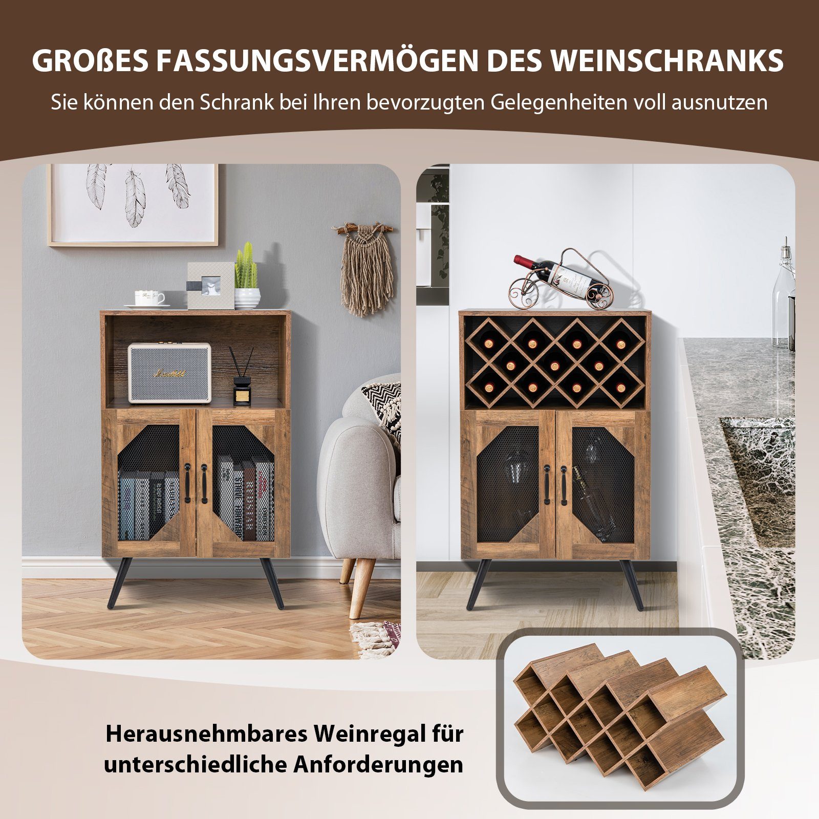 COSTWAY Weinregal, mit abnehmbarem Flaschenregal für 11 Flaschen, Glashalter