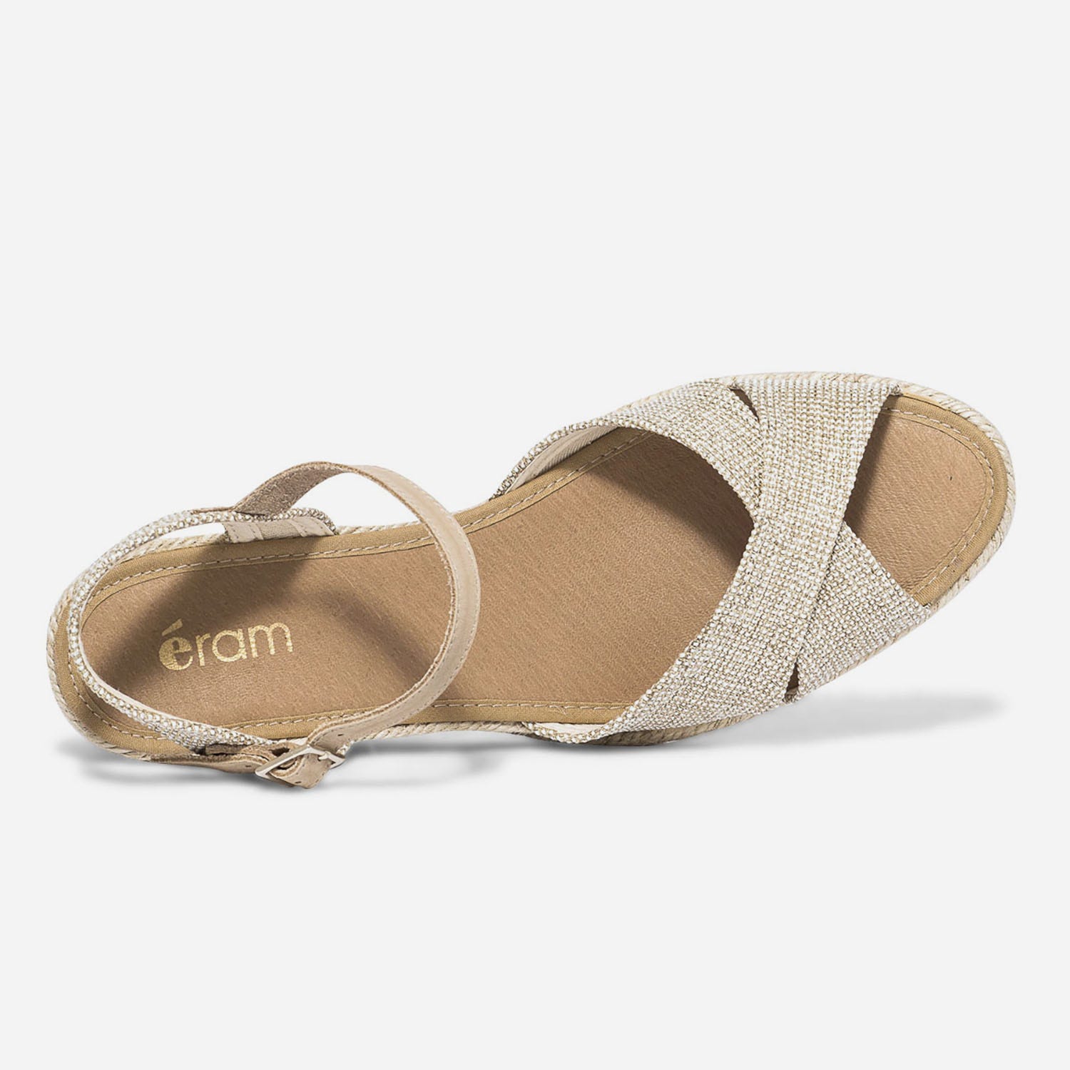 Sandale compensée beige pailleté or
